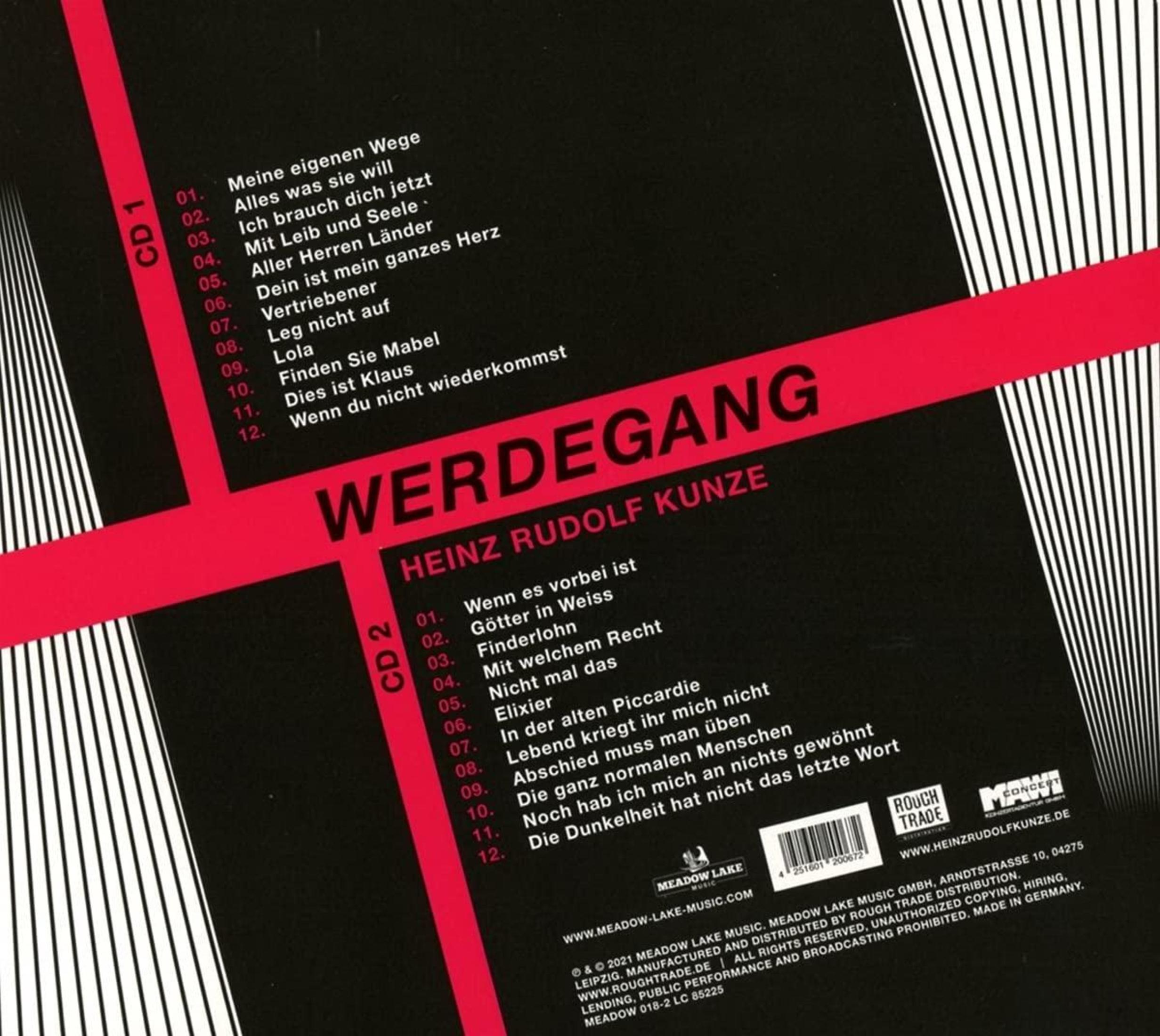 Rückseite des CD-Albums Werdegang von Heinz Rudolf Kunze mit Titellisten auf roten Balken und schwarzen Linien.