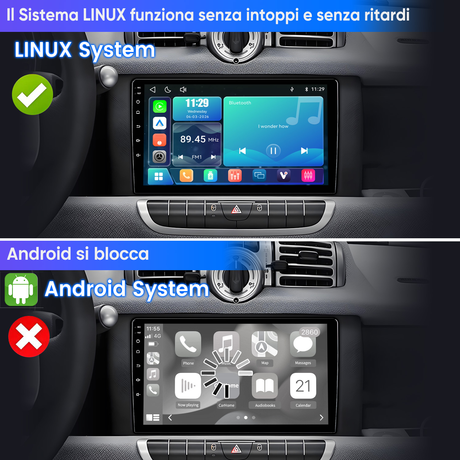 Confronto cruscotto auto con sistema Linux fluido con spunta verde e sistema Android bloccato con croce rossa.
