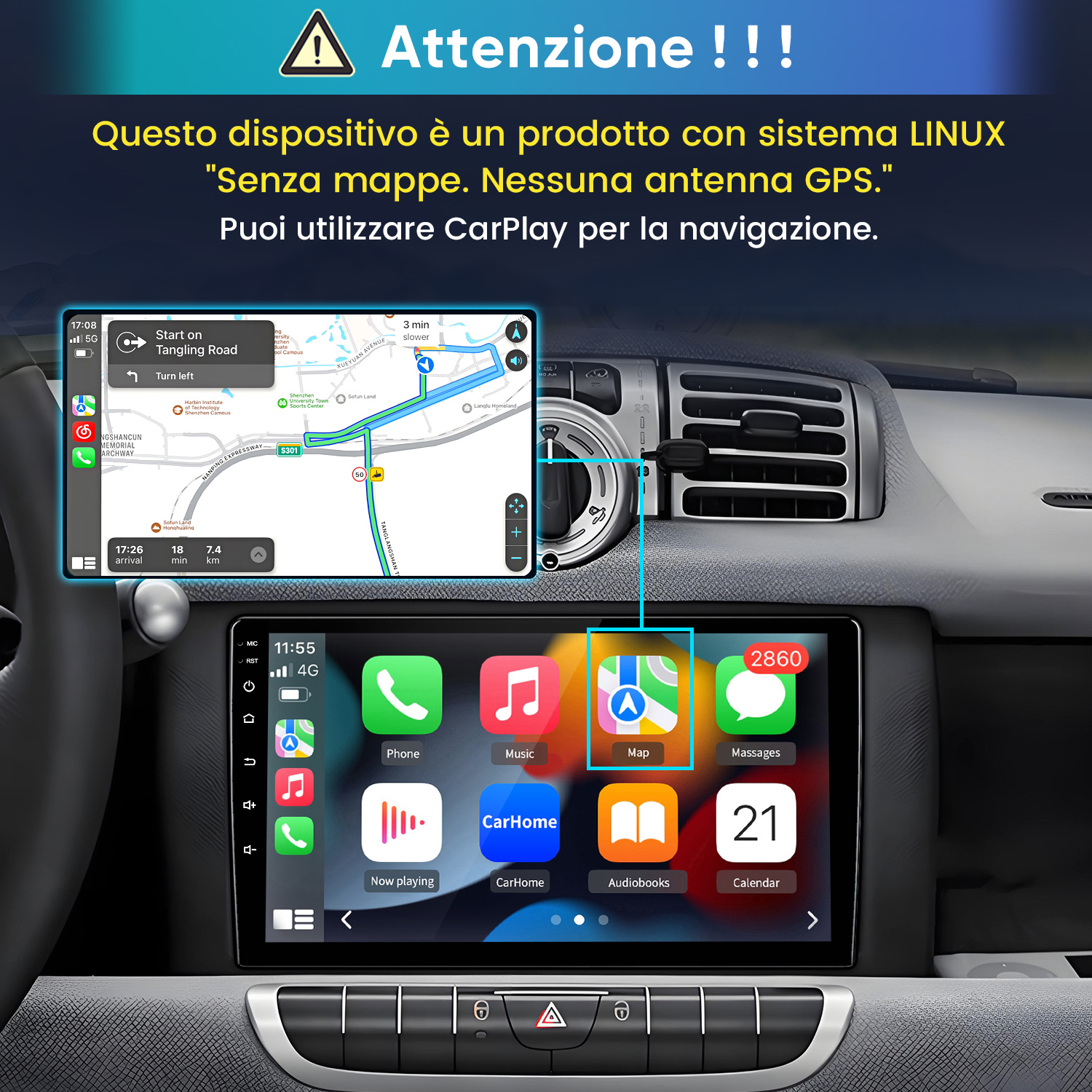 Display auto Linux con interfaccia CarPlay e navigazione su cruscotto.