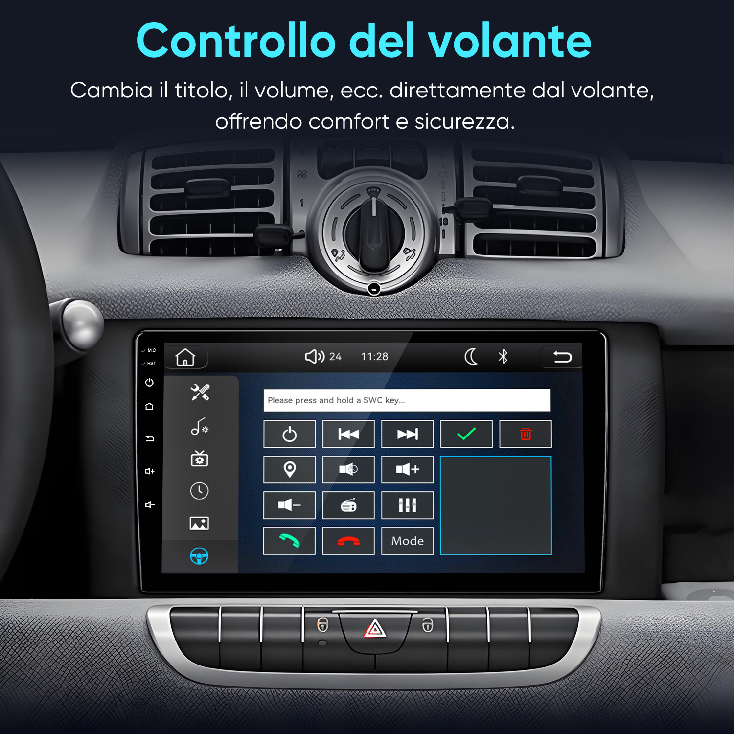 Cruscotto auto con sistema di infotainment touchscreen, bocchette d'aria e pulsanti fisici.