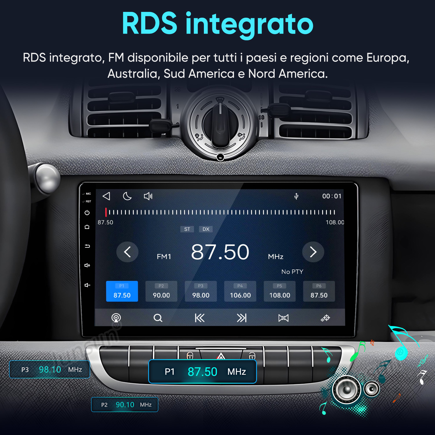 Un sistema audio per auto installato nel cruscotto mostra la schermata della radio FM.