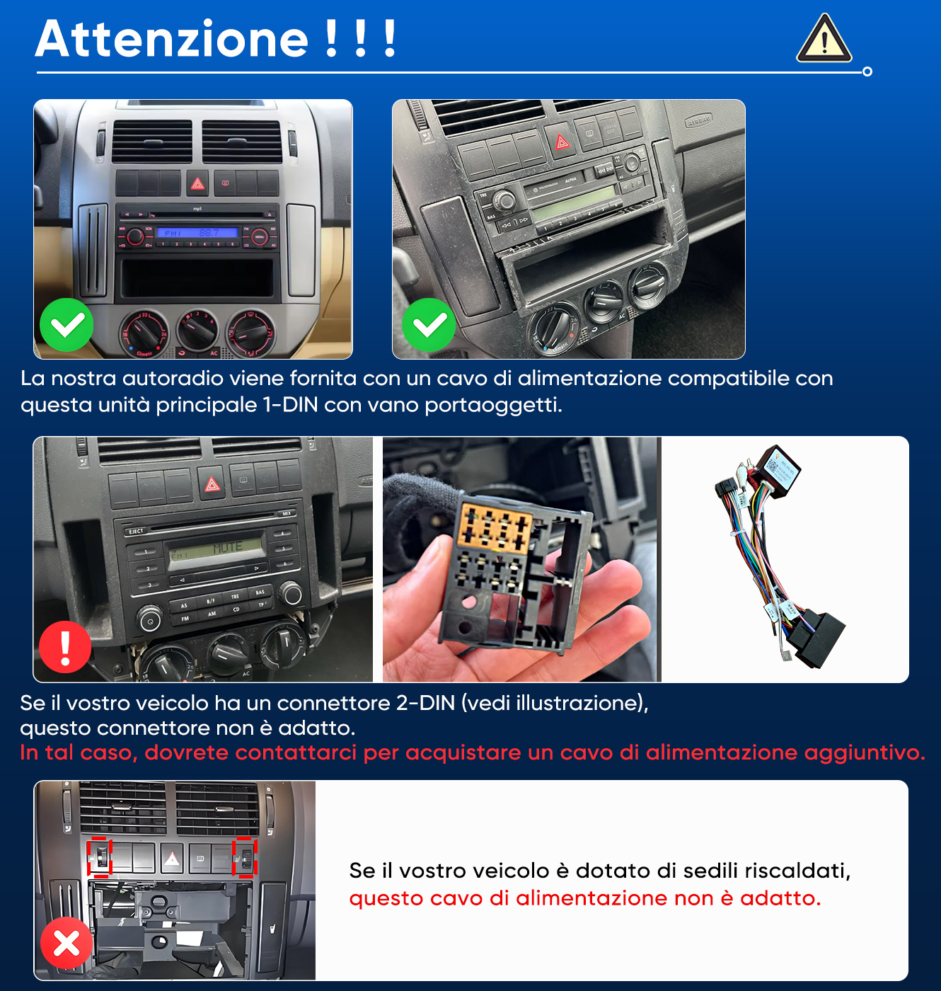Immagini comparative di autoradio e cavi per la verifica di compatibilità con avvisi.