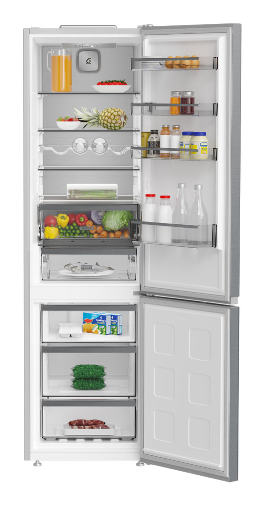 Un refrigerador plateado abierto lleno de alimentos, incluyendo fruta, verduras, lácteos y pescado.