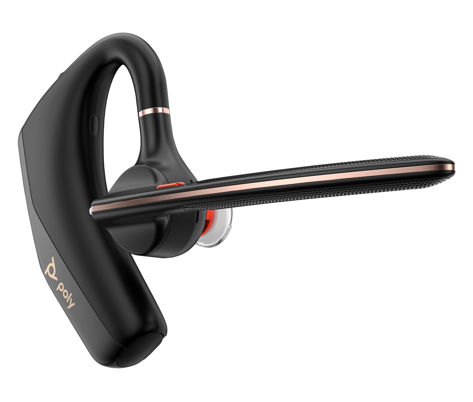 Un auricular Bluetooth Poly negro con un brazo de micrófono largo y detalles en cobre sobre fondo blanco.