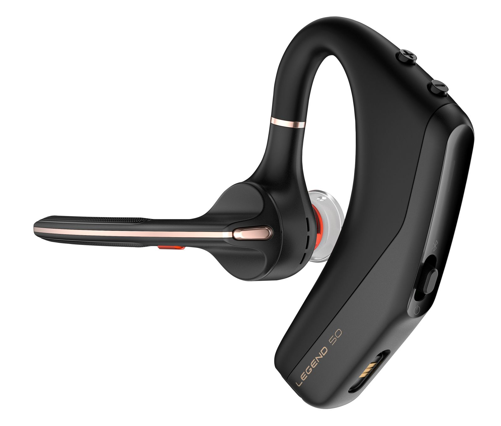 Un auricular Bluetooth negro con detalles en oro rosa y un brazo de micrófono largo, etiquetado Legend 50 sobre fondo blanco.