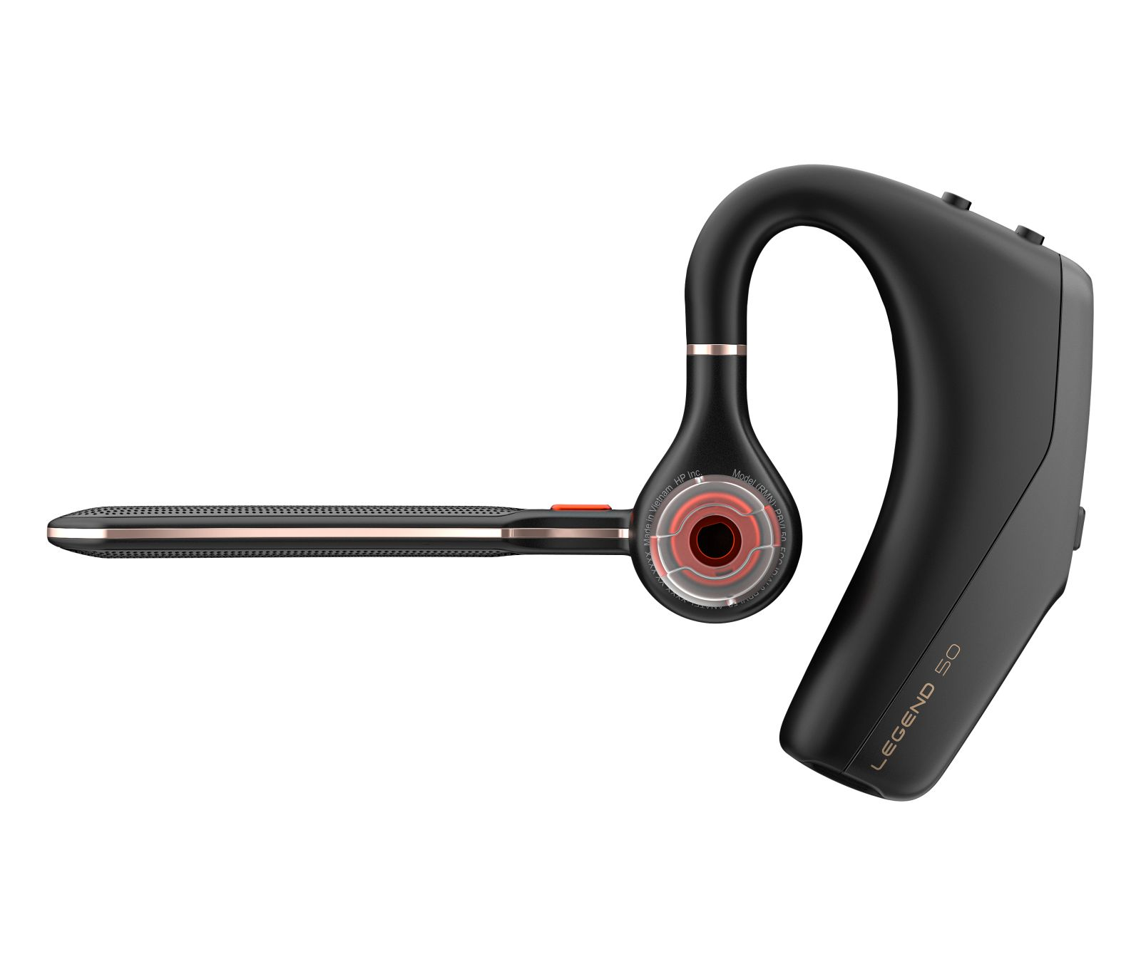 Un auricular Bluetooth Legend 50 negro con gancho para la oreja y micrófono de varilla largo.