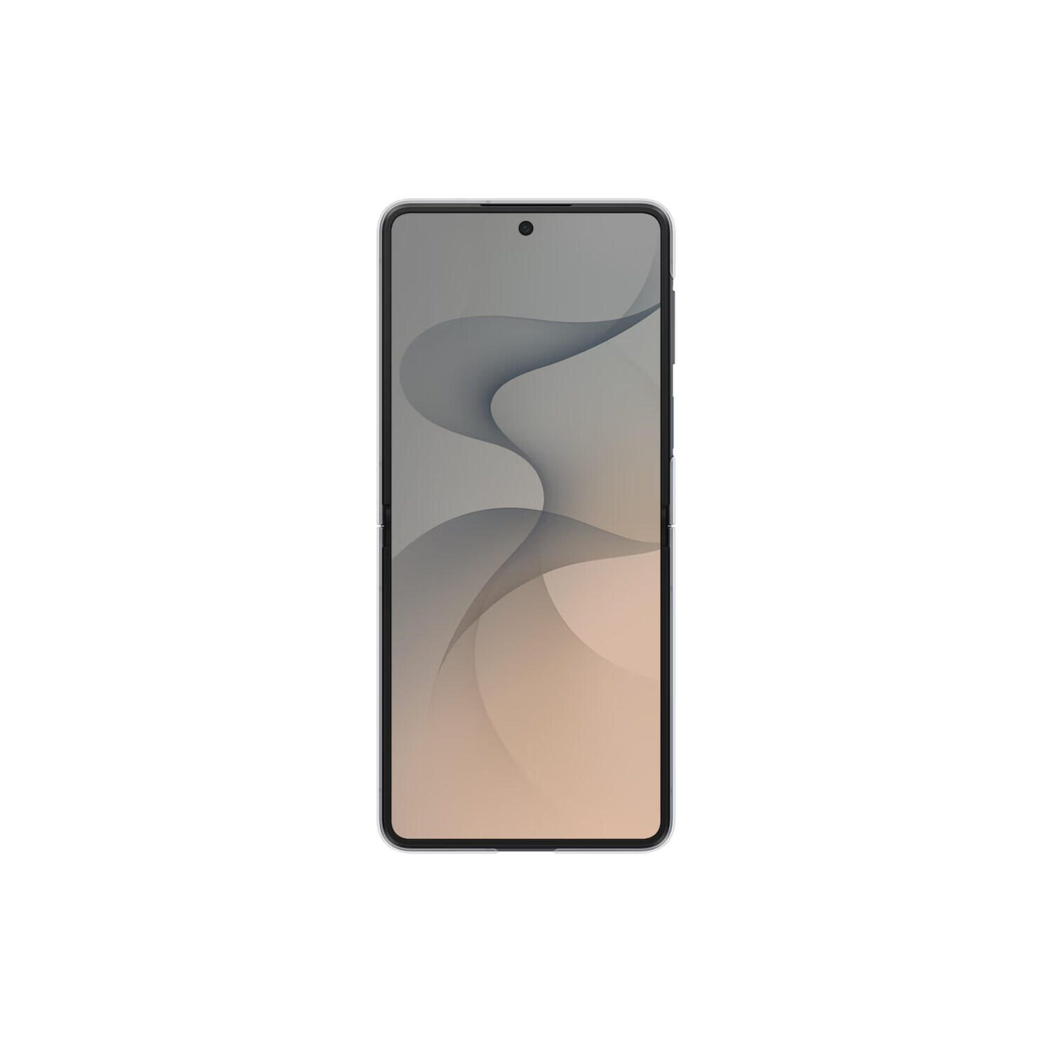 Un elegante smartphone plateado con un fondo de pantalla abstracto ondulado en la pantalla, visto de frente en blanco.