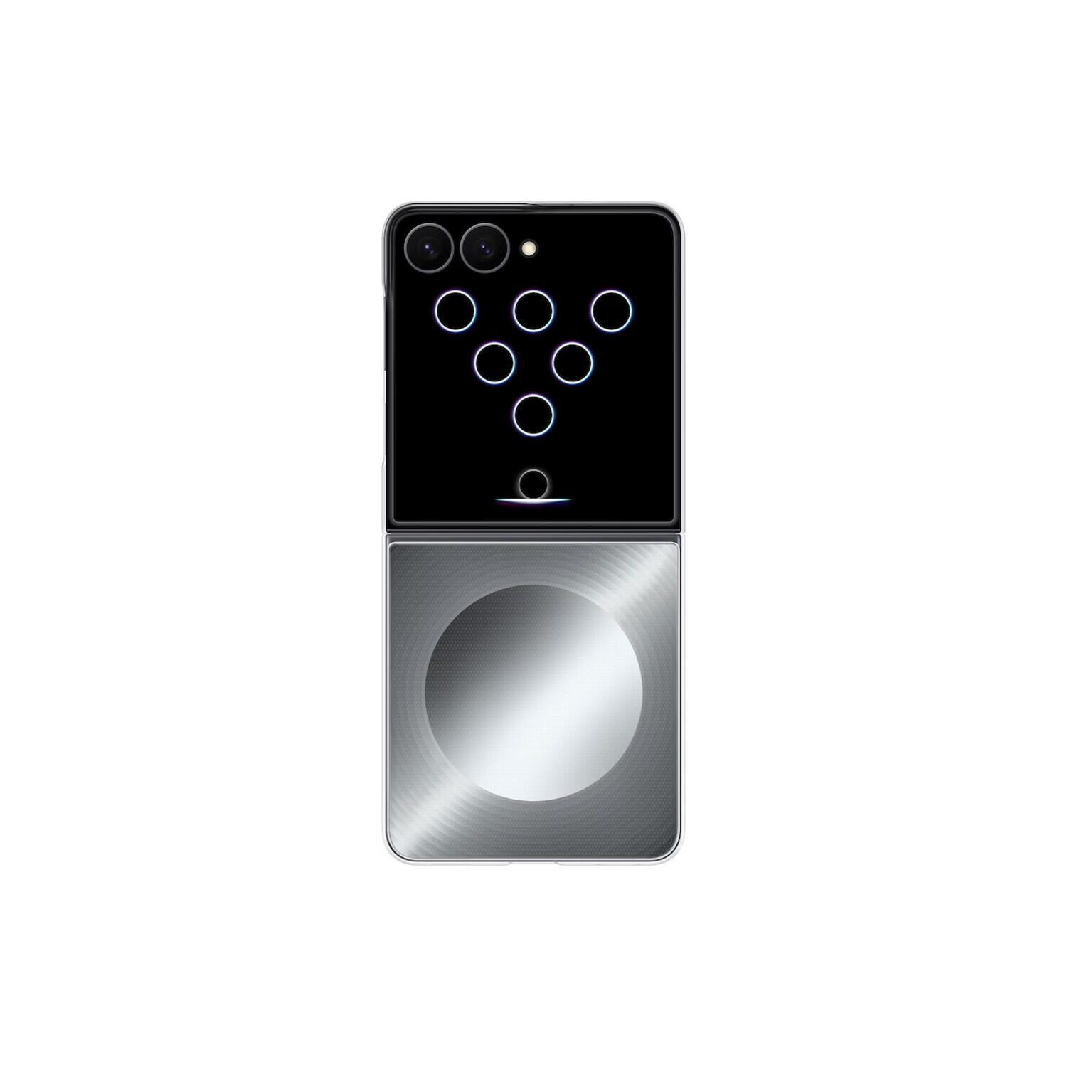 Un smartphone plegable que muestra bolos en la pantalla superior y un diseño circular reflectante abajo.