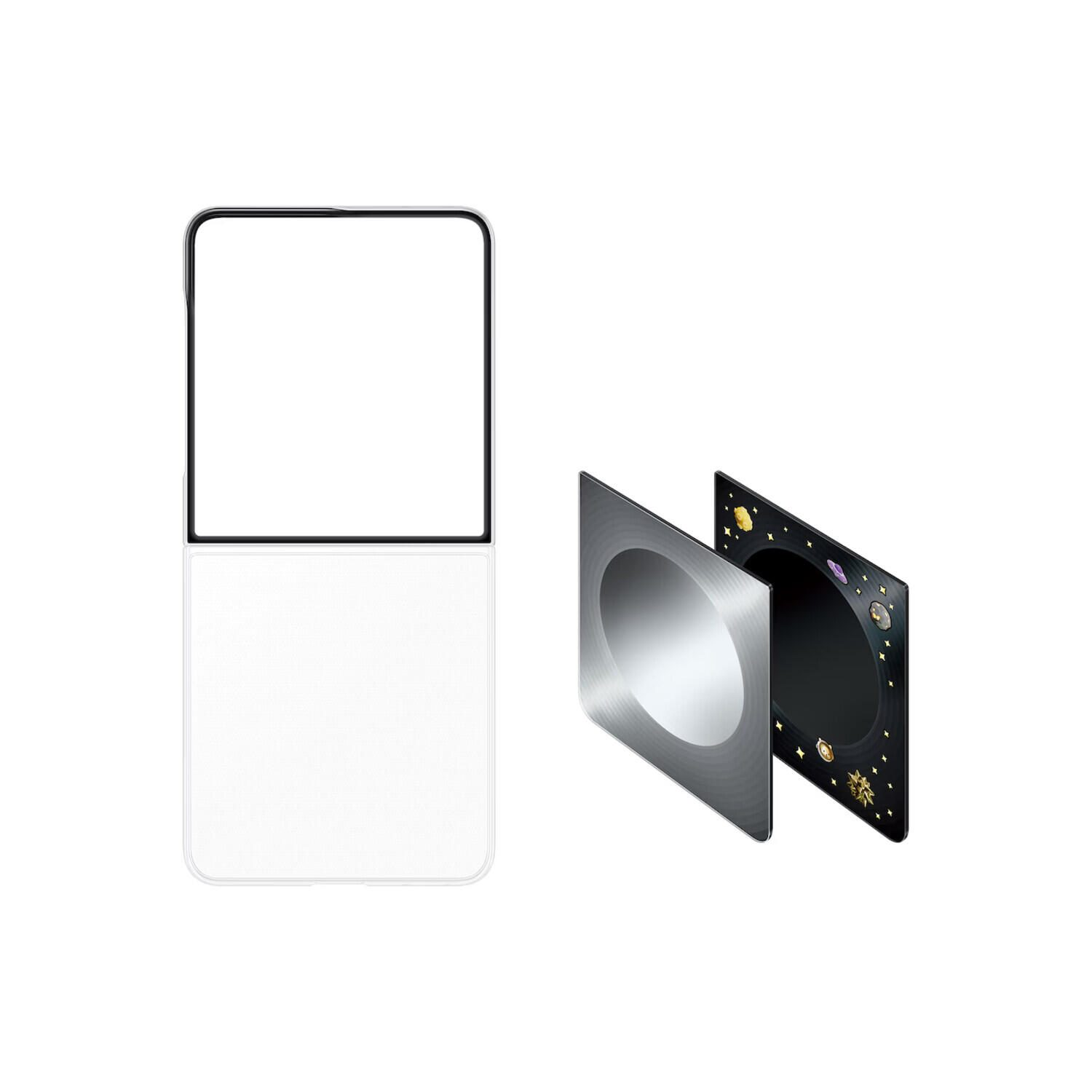 Un teléfono plegable blanco junto a dos placas magnéticas cuadradas, una metálica y otra con diseño estelar.