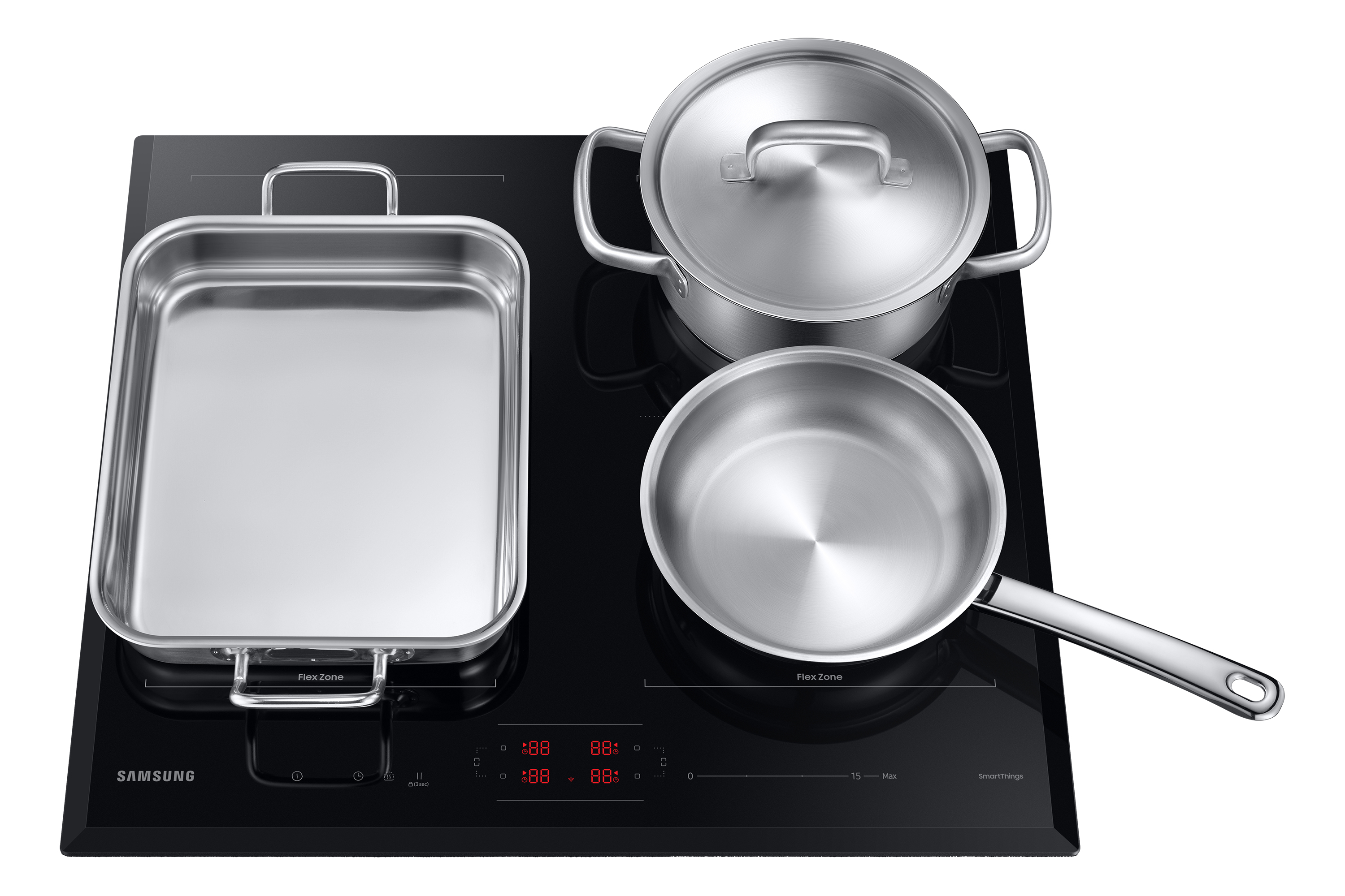 A black induction cooktop with a rectangular roasting pan, a covered pot, and a frying pan in stainless steel.
