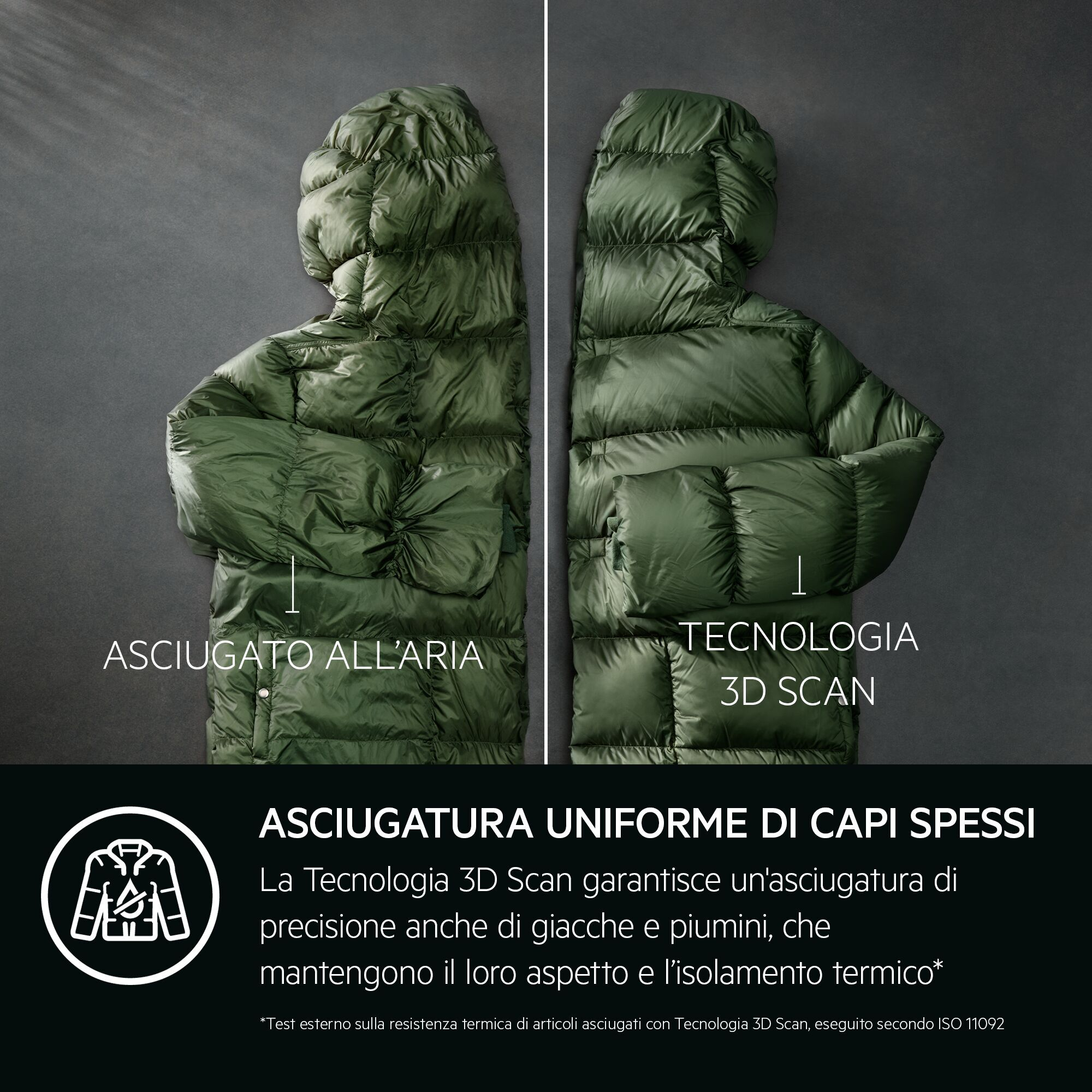 Confronto di due piumini verdi per mostrare la tecnologia 3D Scan e l'asciugatura all'aria.