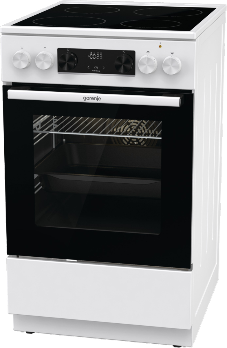 Ein weißer Gorenje Elektroherd mit Ceranfeld, Drehknöpfen, Digitaldisplay und einem schwarzen Backofenfenster.