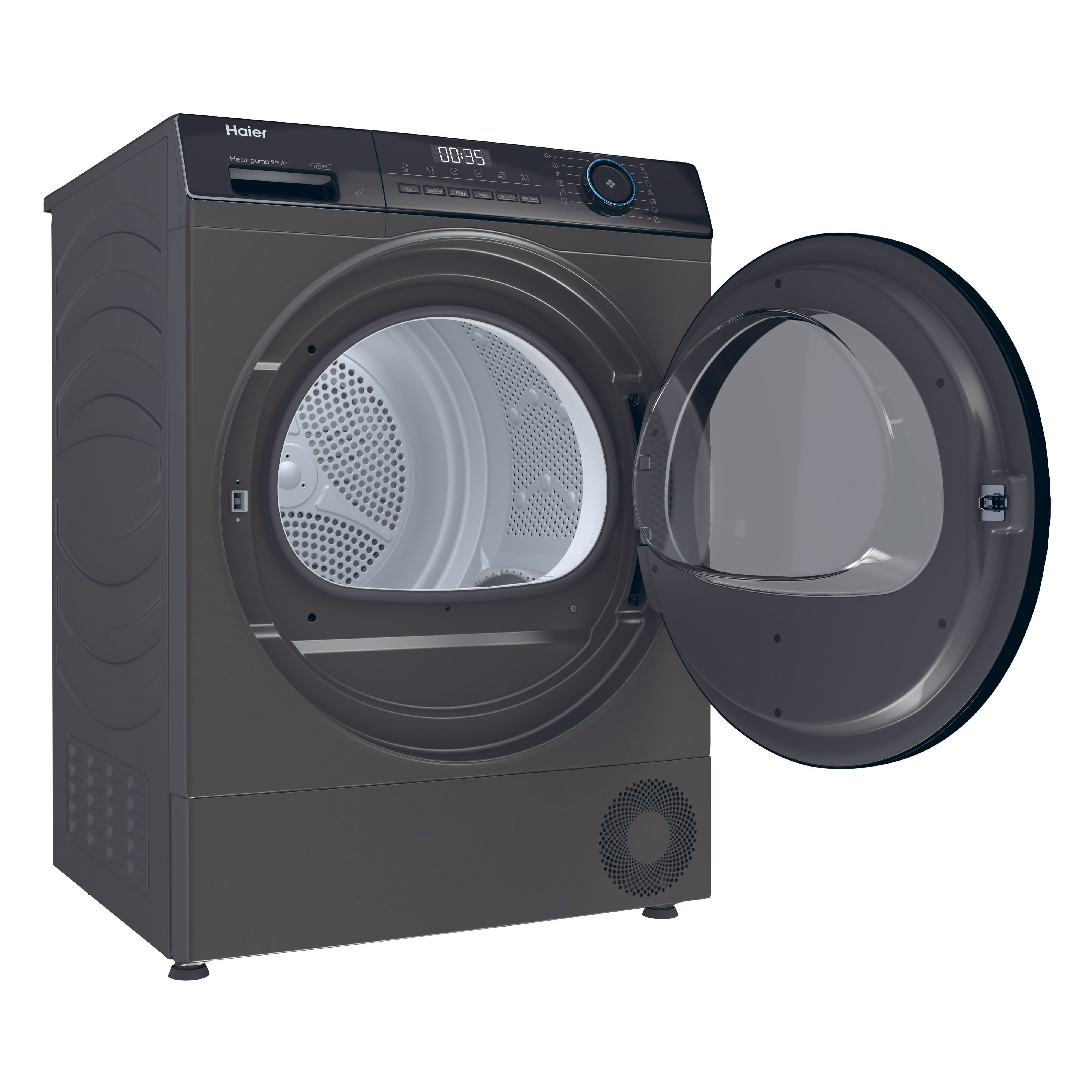 Kapağı açık, koyu gri renkli bir Haier kurutma makinesi; boş tambur ve dijital kontrol paneli görünmektedir.