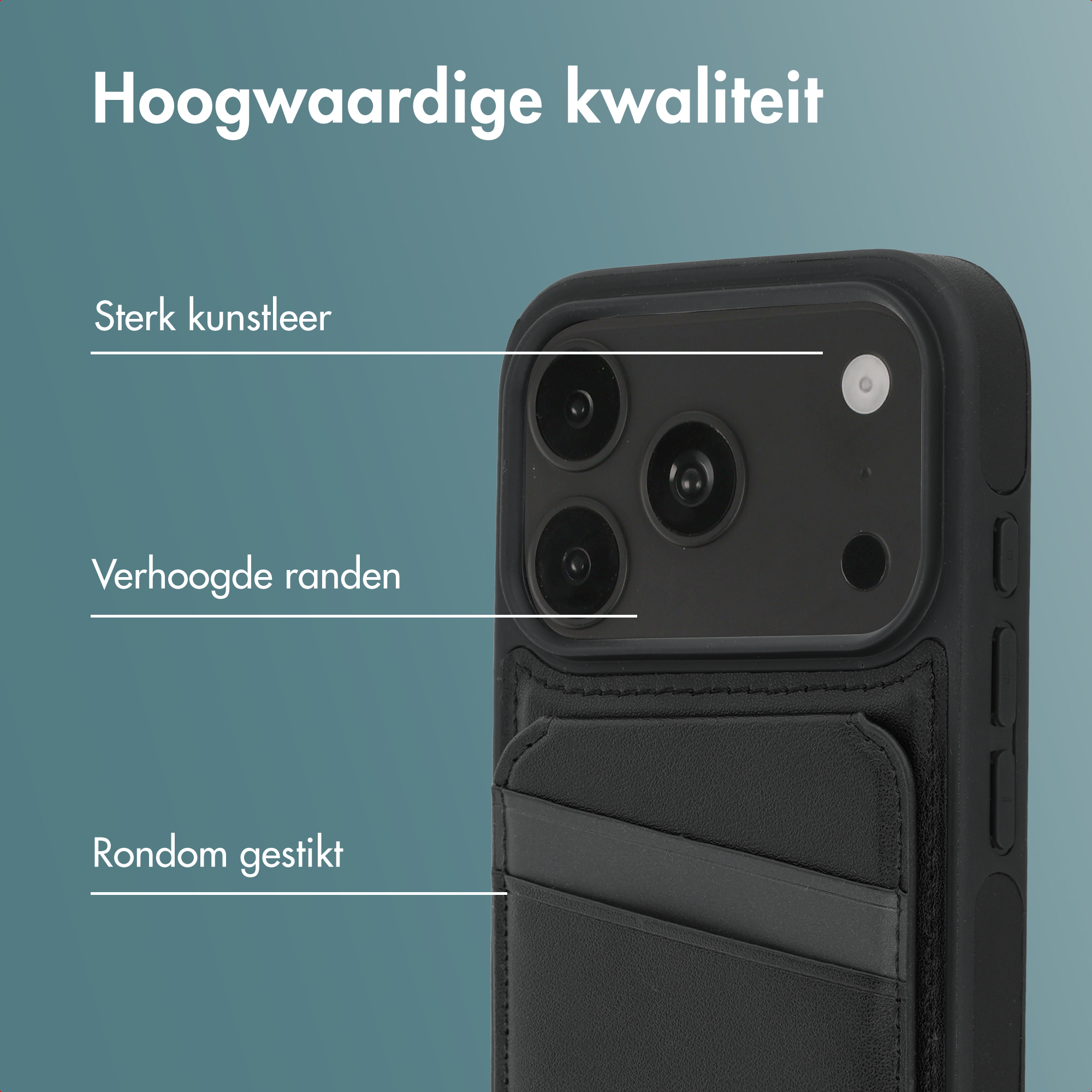 Schwarze Handyhülle mit Kartenhalter, Kameraausschnitt und Textbeschriftungen.