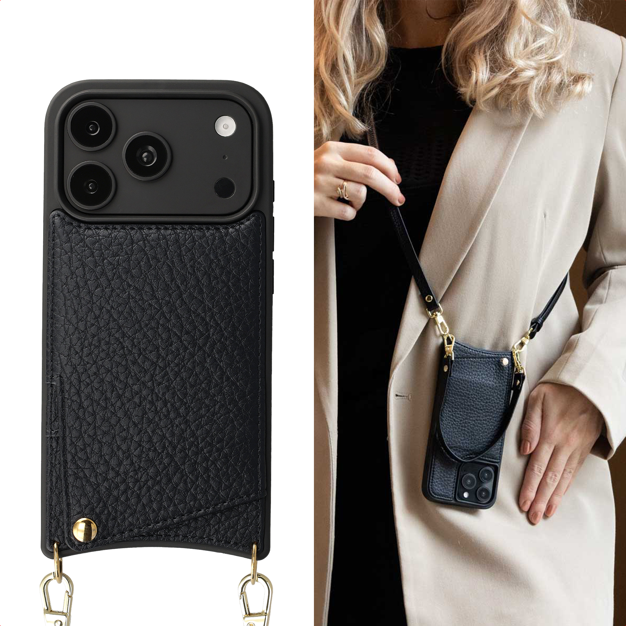 Schwarze Leder-Handyhülle mit goldenen Details, getragen als Umhängetasche an einer beige Jacke.