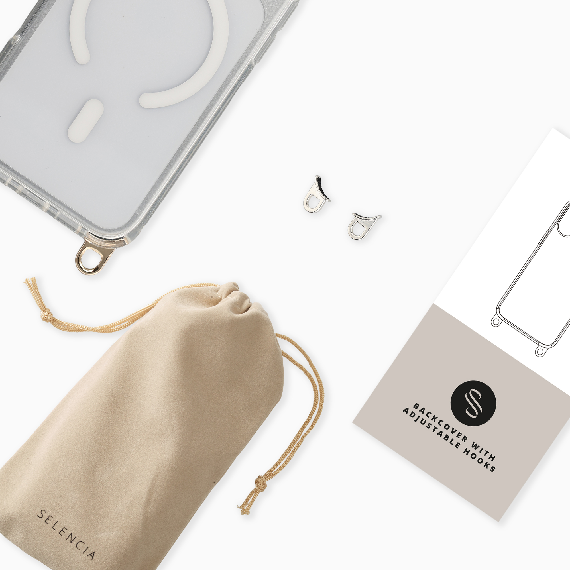 Phone case with string pouch, two hooks, and packaging card on white background.