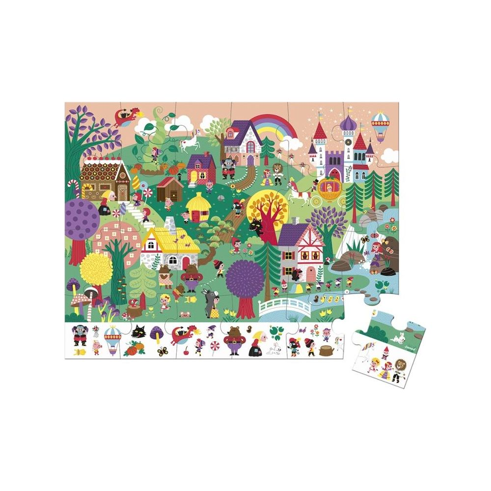 Ein buntes Puzzle mit einer Märchenlandschaft voller Schlösser, Häuser, Bäume und fantastischer Figuren.