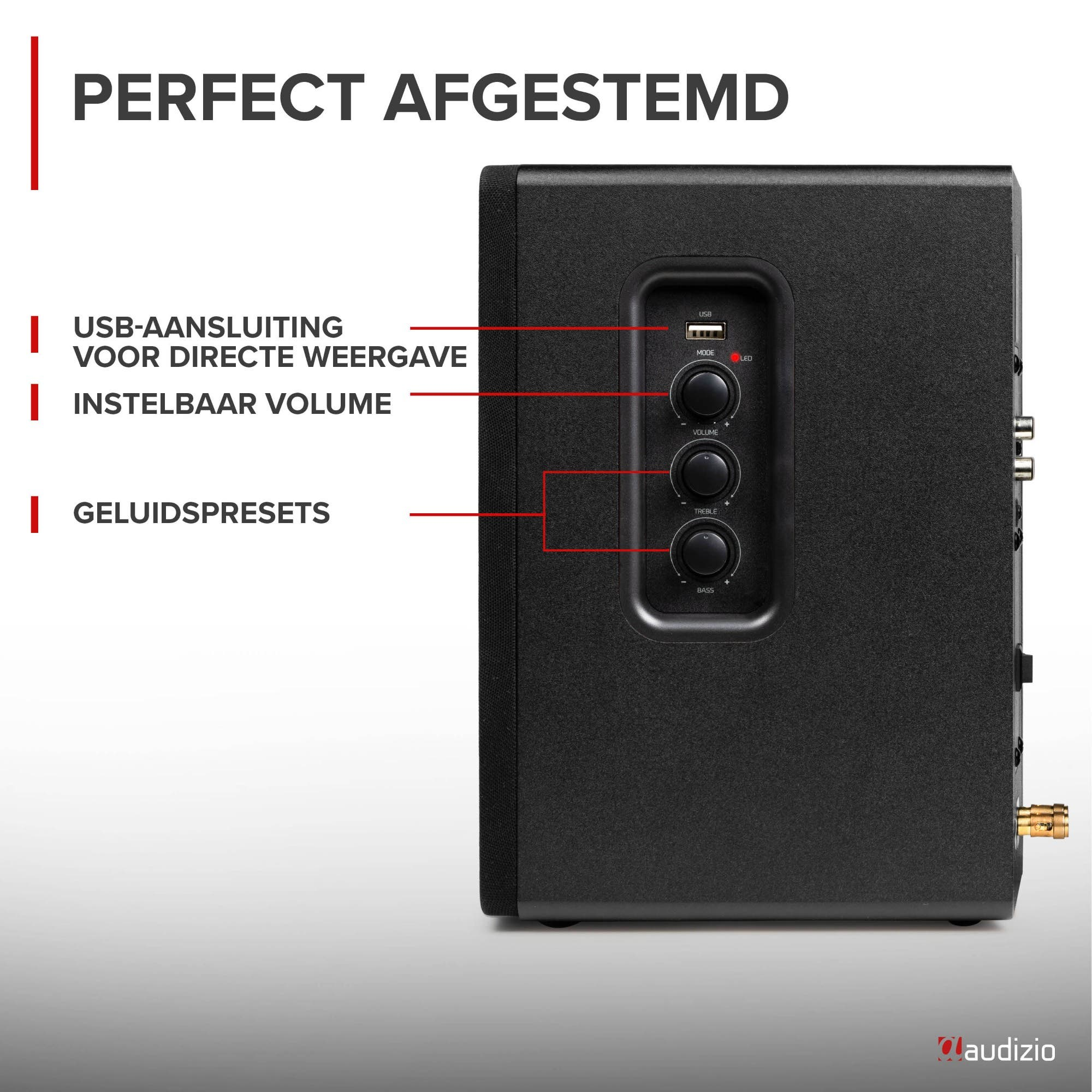 Altavoz negro con puerto USB, control de volumen y ajustes preestablecidos, resaltado con líneas rojas.
