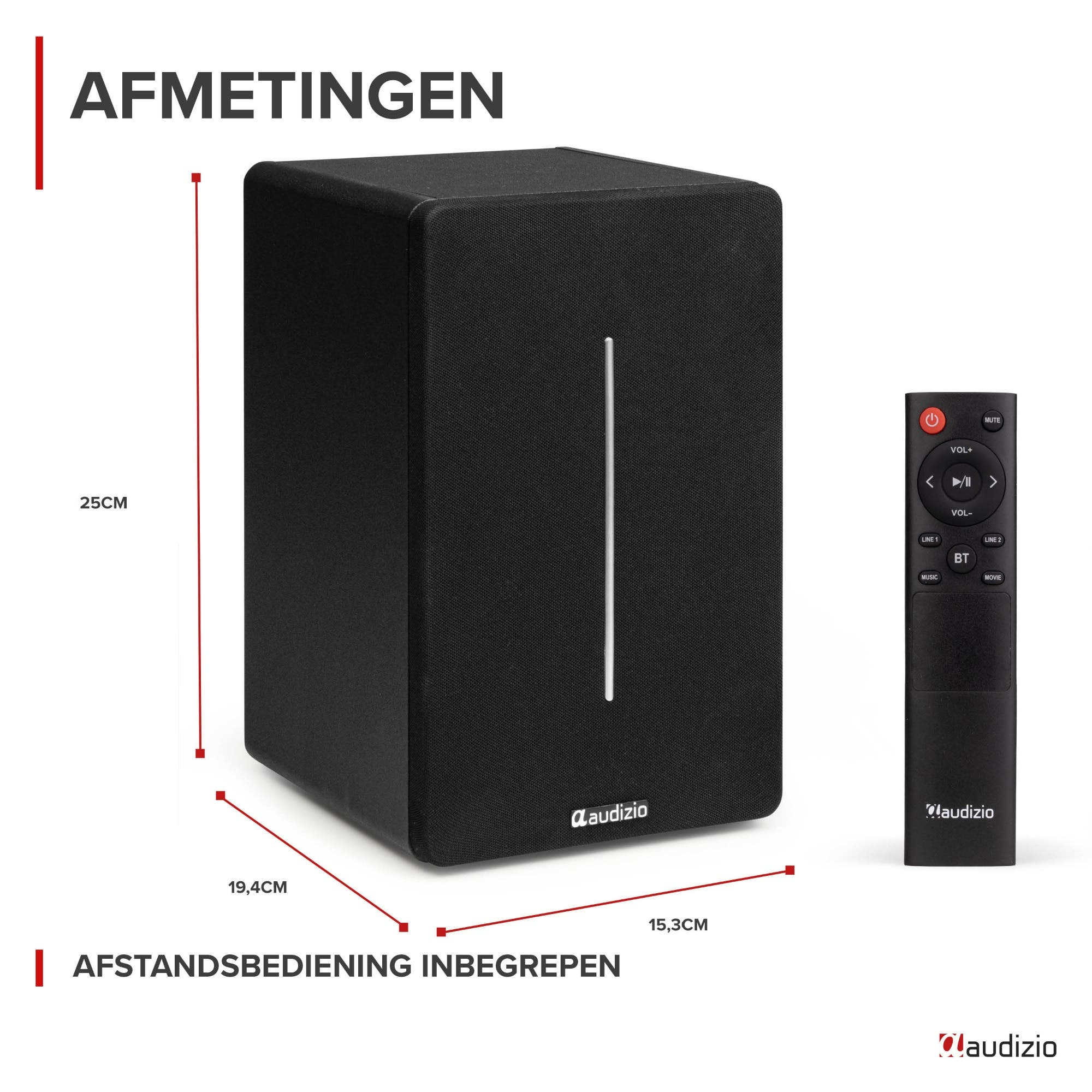 Un altavoz negro Audizio con barra de luz vertical y mando a distancia, de 25x15,3x19,4 cm.