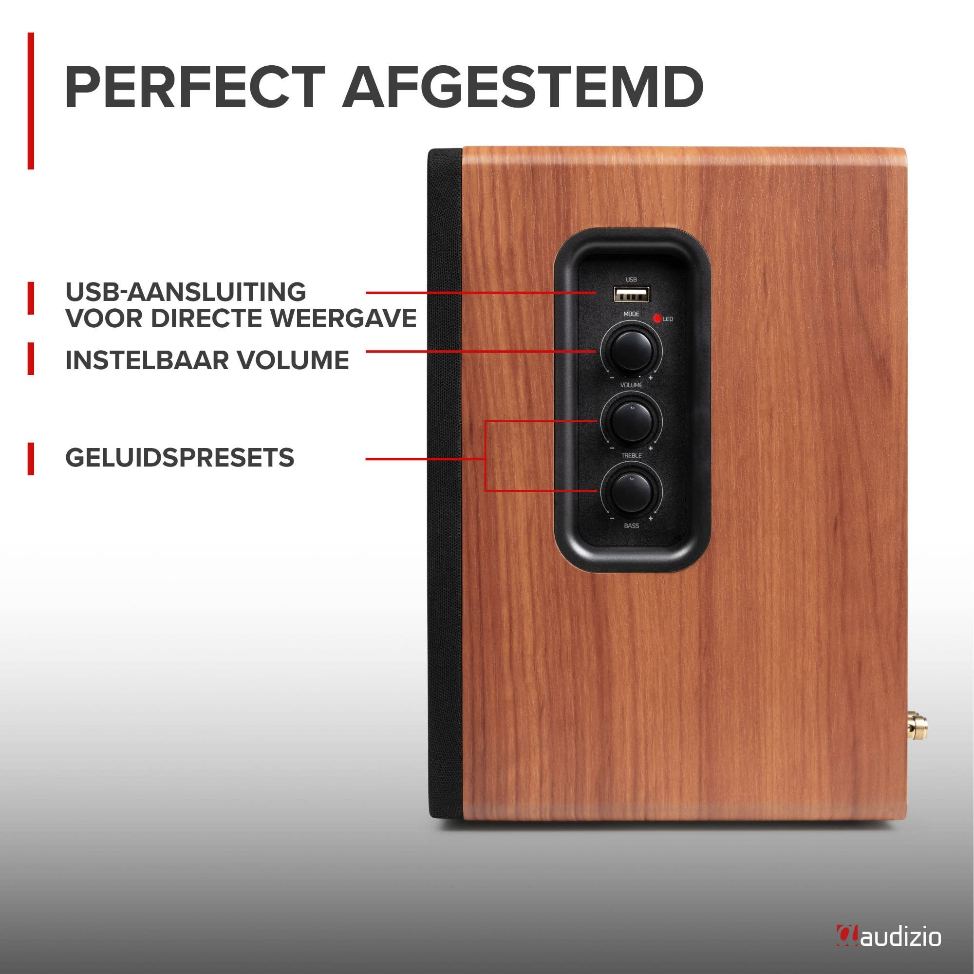 Un altavoz de madera con mandos, puerto USB y etiquetas en holandés.