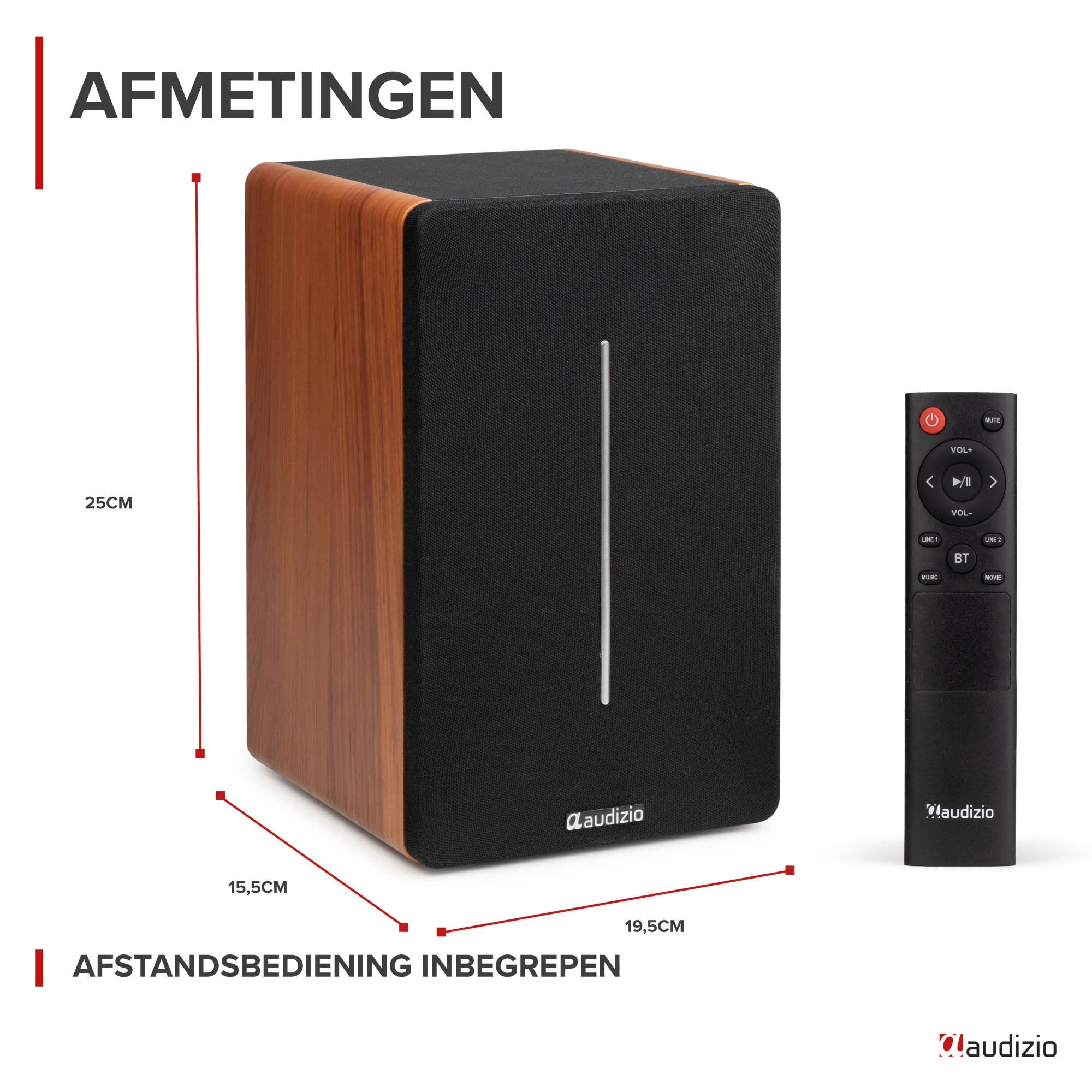 Altavoz Audizio con laterales de madera, frente negro, dimensiones y control remoto sobre fondo blanco.