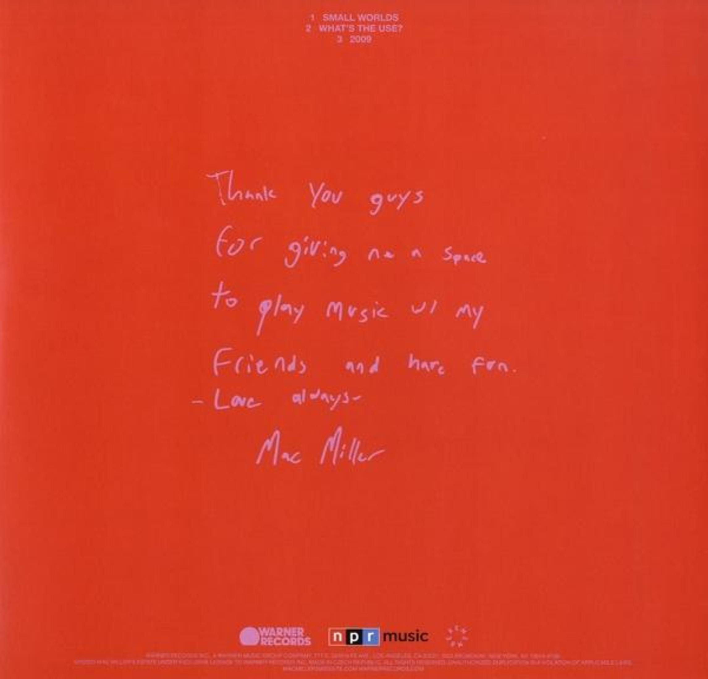 Fondo rojo con una nota escrita a mano por Mac Miller y logotipos de Warner Records y NPR Music.
