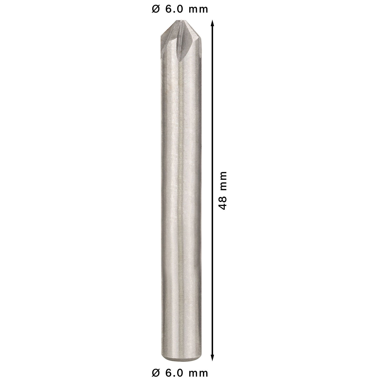 Metallischer Zentrierbohrer mit 6 mm Durchmesser und 48 mm Länge auf weißem Grund.