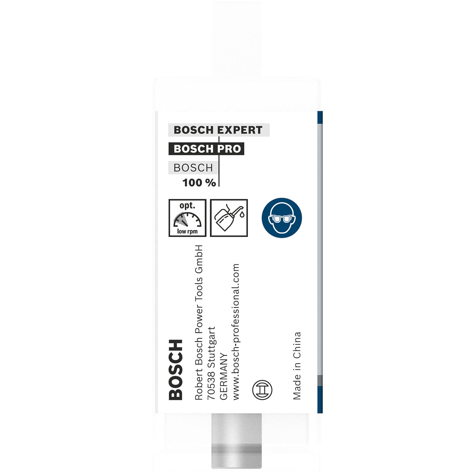 Weißes Bosch-Produktetikett mit schwarzem und blauem Text, technischen Symbolen, Firmenadresse und 'Made in China'.