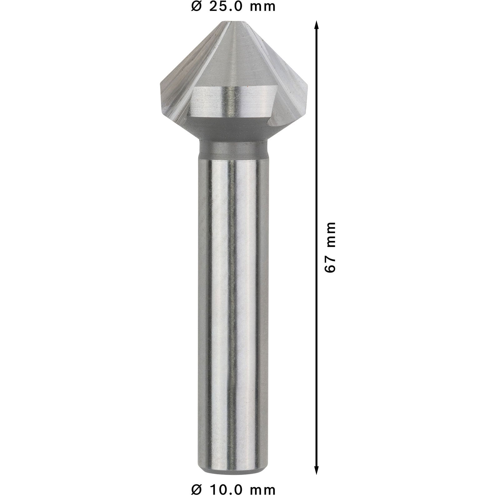 Metallbohrer mit 25 mm Durchmesser und 67 mm Gesamtlänge auf weißem Hintergrund.