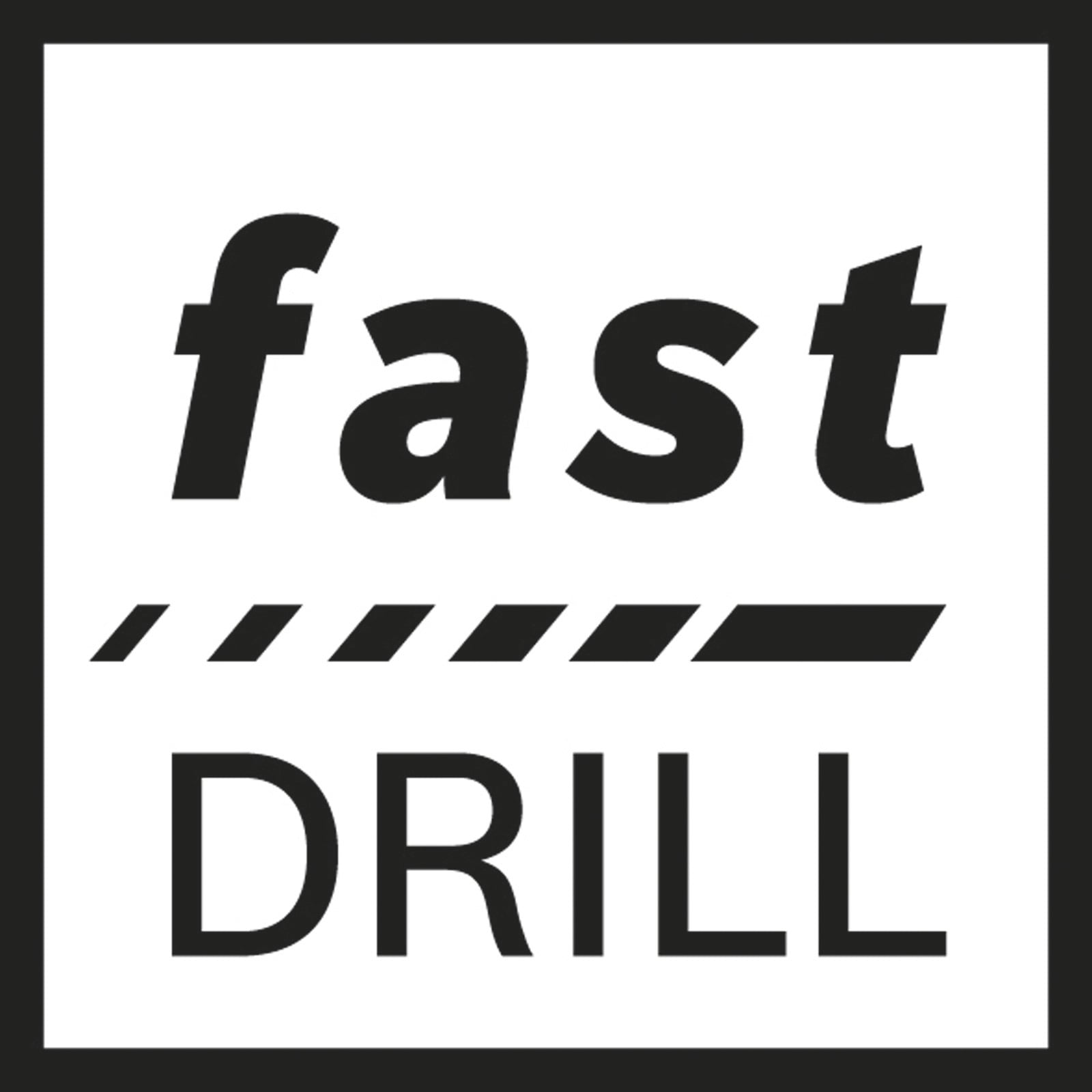 Czarno-białe logo z napisami "fast" i "DRILL" przedzielonymi przerywaną linią.