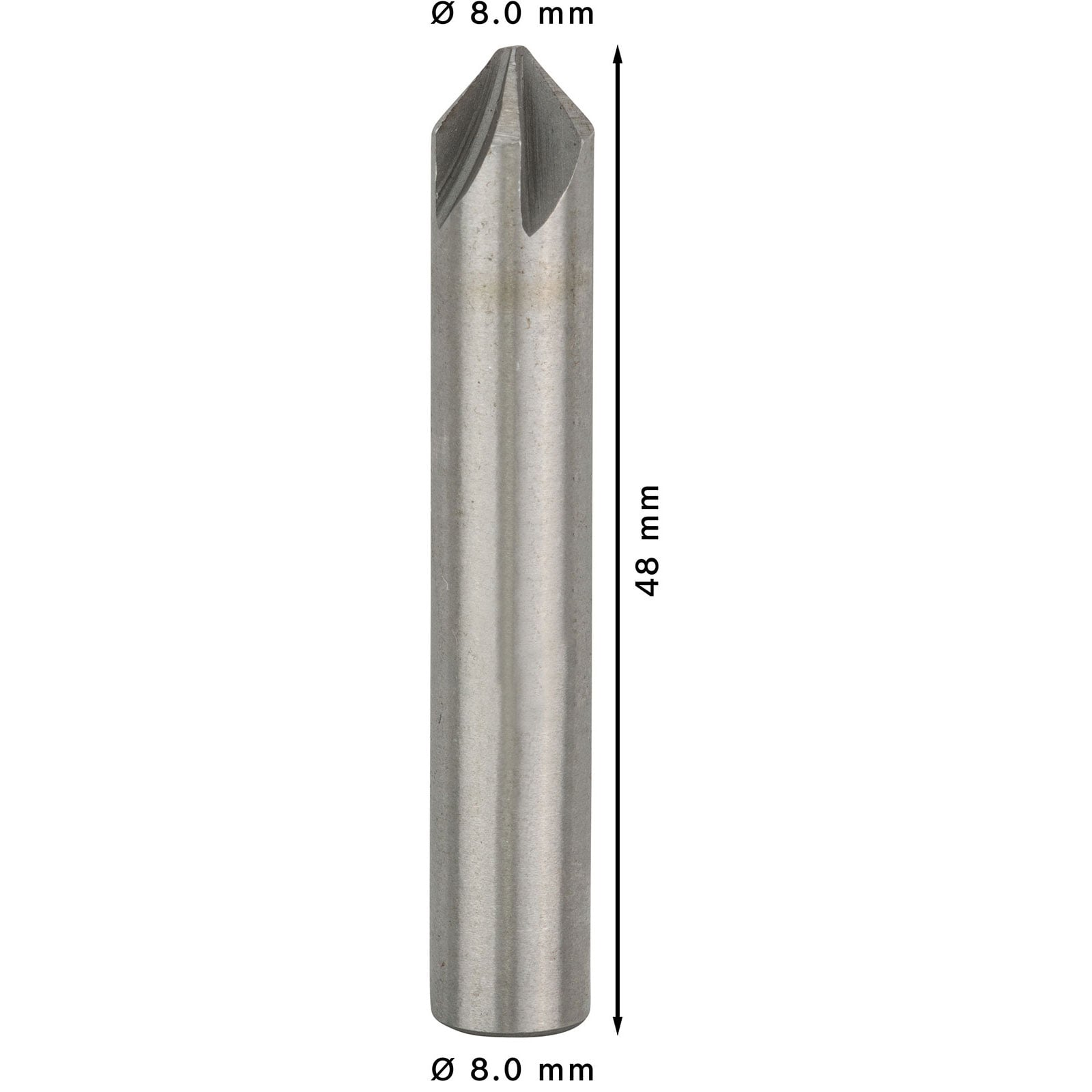 Ein silberner Metallbohrer mit 8 mm Durchmesser und 48 mm Länge auf weißem Grund.