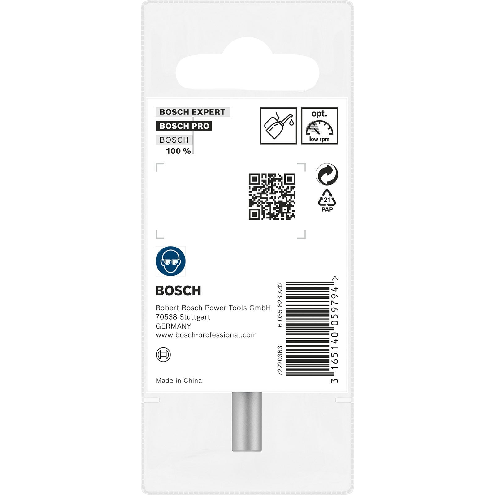 Bosch Verpackungsrückseite mit Logos, QR-Code, Barcode und Herstellerinfos.