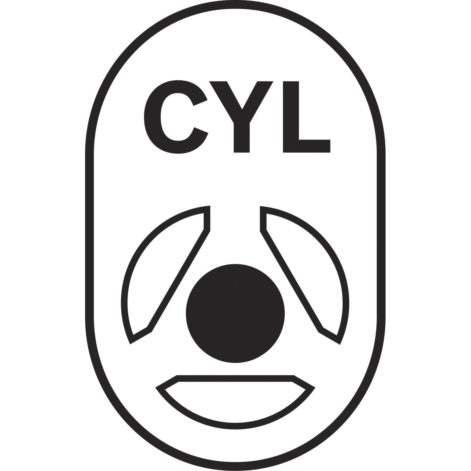 Ein schwarz-weißes Symbol mit dem Text CYL, einem Kreis in der Mitte und gebogenen Formen in einem ovalen Rahmen.