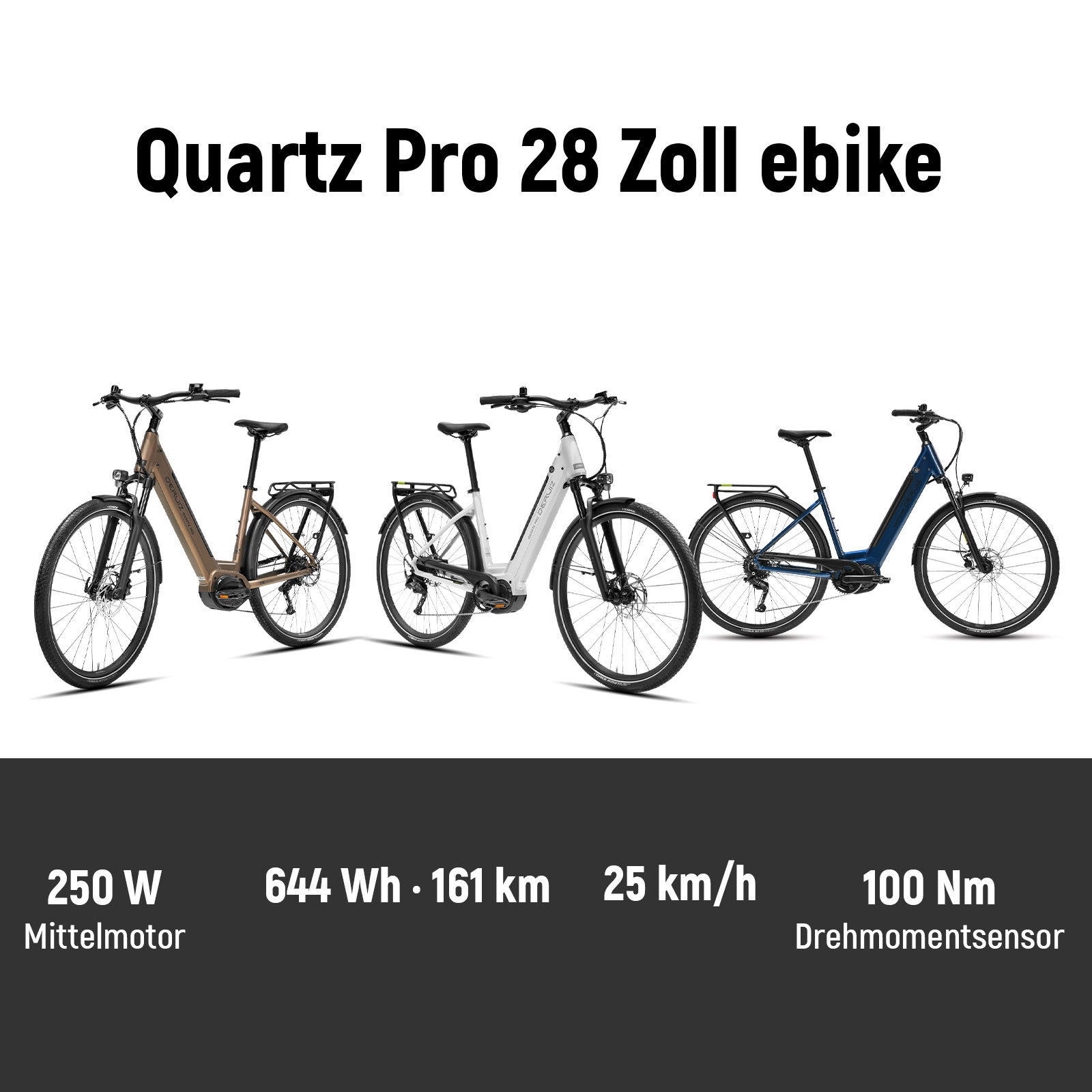 Drei Quartz Pro 28 Zoll E-Bikes in Braun, Weiß und Blau vor dunklem Hintergrund mit technischen Daten.