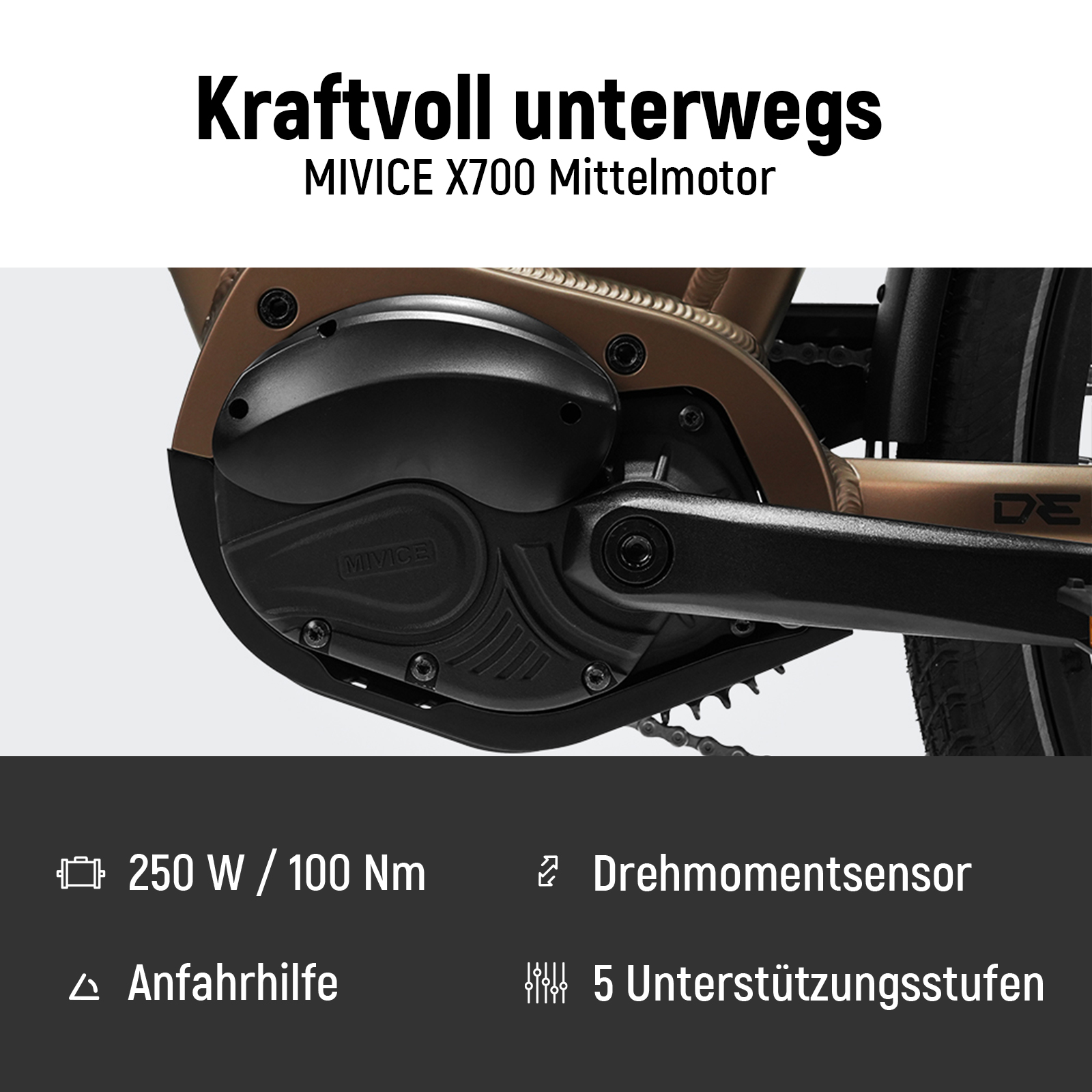 MIVICE X700 Mittelmotor mit 250 W, 100 Nm, Drehmomentsensor und fünf Stufen.