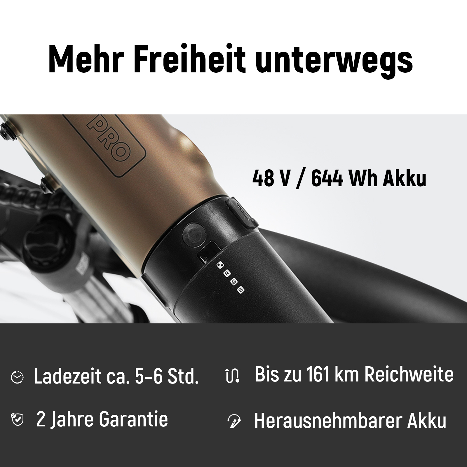 Ein E-Bike-Rahmen mit 48V / 644Wh Akku, Ladezeit von 5-6 Std. und bis zu 161 km Reichweite.