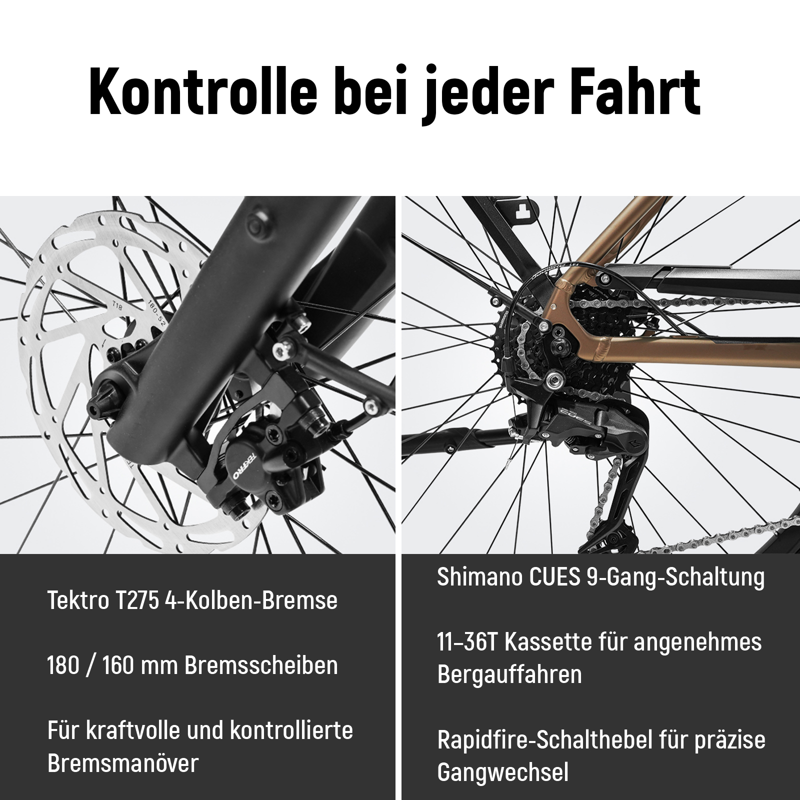 Bicycle components showing hydraulic disc brakes on the left and a Shimano 9-speed gear system on the right.