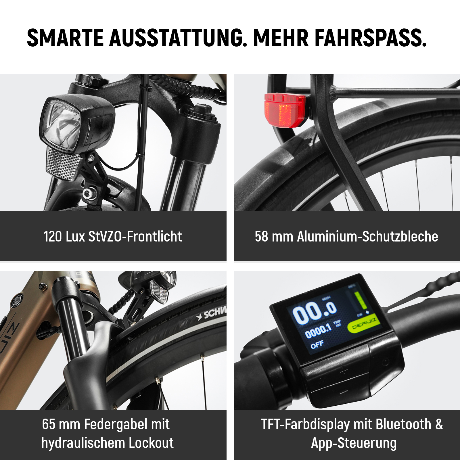 Vier Fahrradmerkmale zeigen Frontlicht, Schutzblech, Federgabel und ein digitales Display.