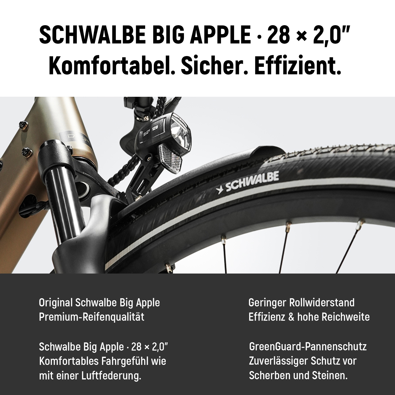 Fahrradreifen mit Schwalbe-Logo, Schutzblech und Scheinwerfer vor hellem Hintergrund.