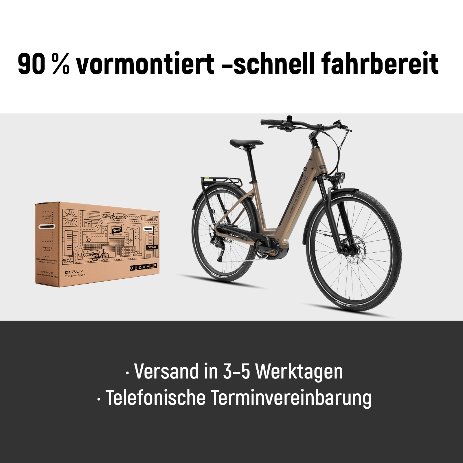 Ein beige E-Bike neben dem Versandkarton auf weißem Hintergrund, mit deutschem Text oben und unten.