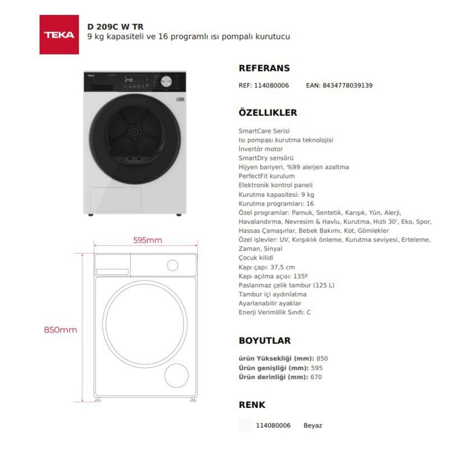 Teknik özellikleri, ölçüleri ve detayları ile beyaz Teka D 209C W TR kurutma makinesi ürün sayfası.