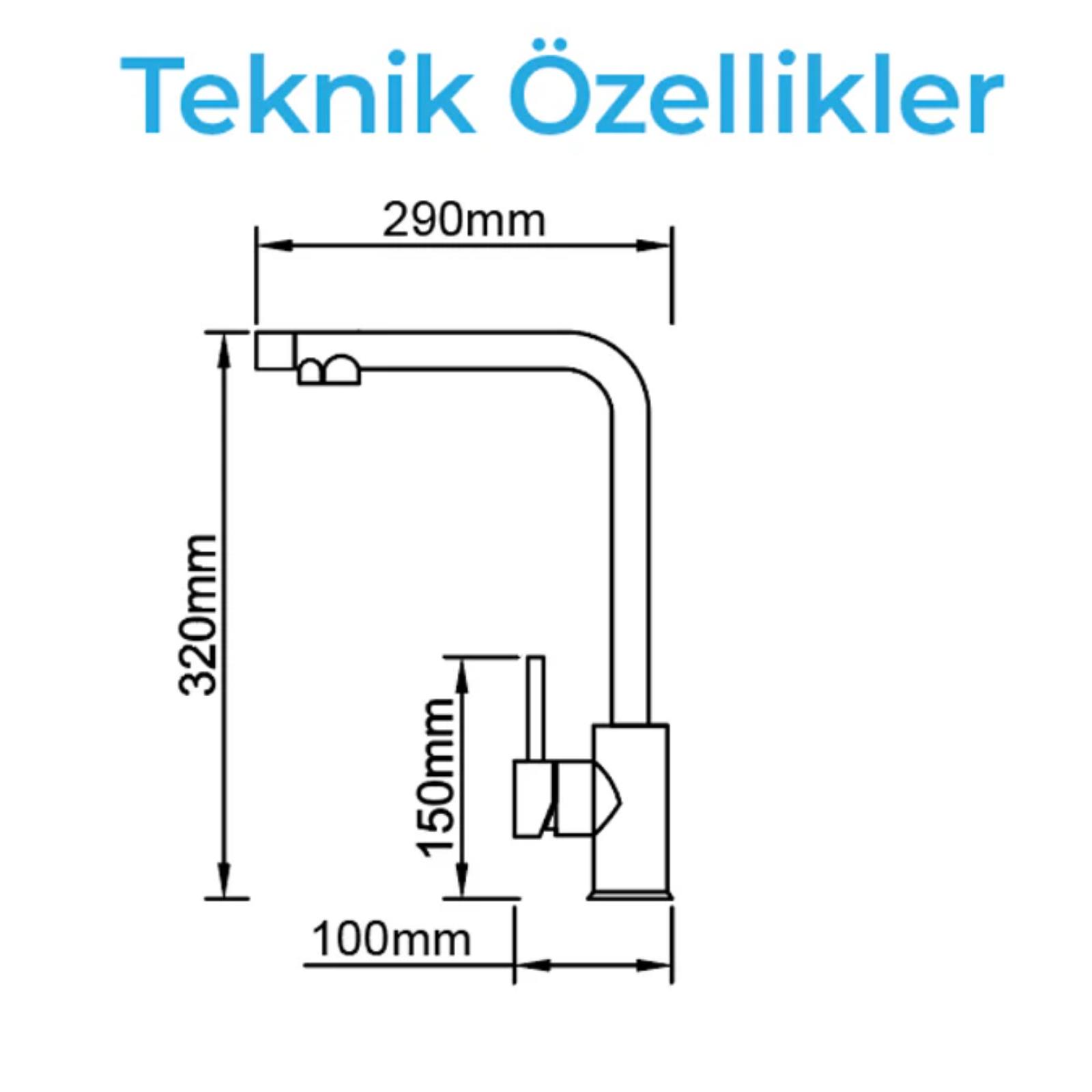 Ölçüleri ile mutfak bataryasının teknik resmi.