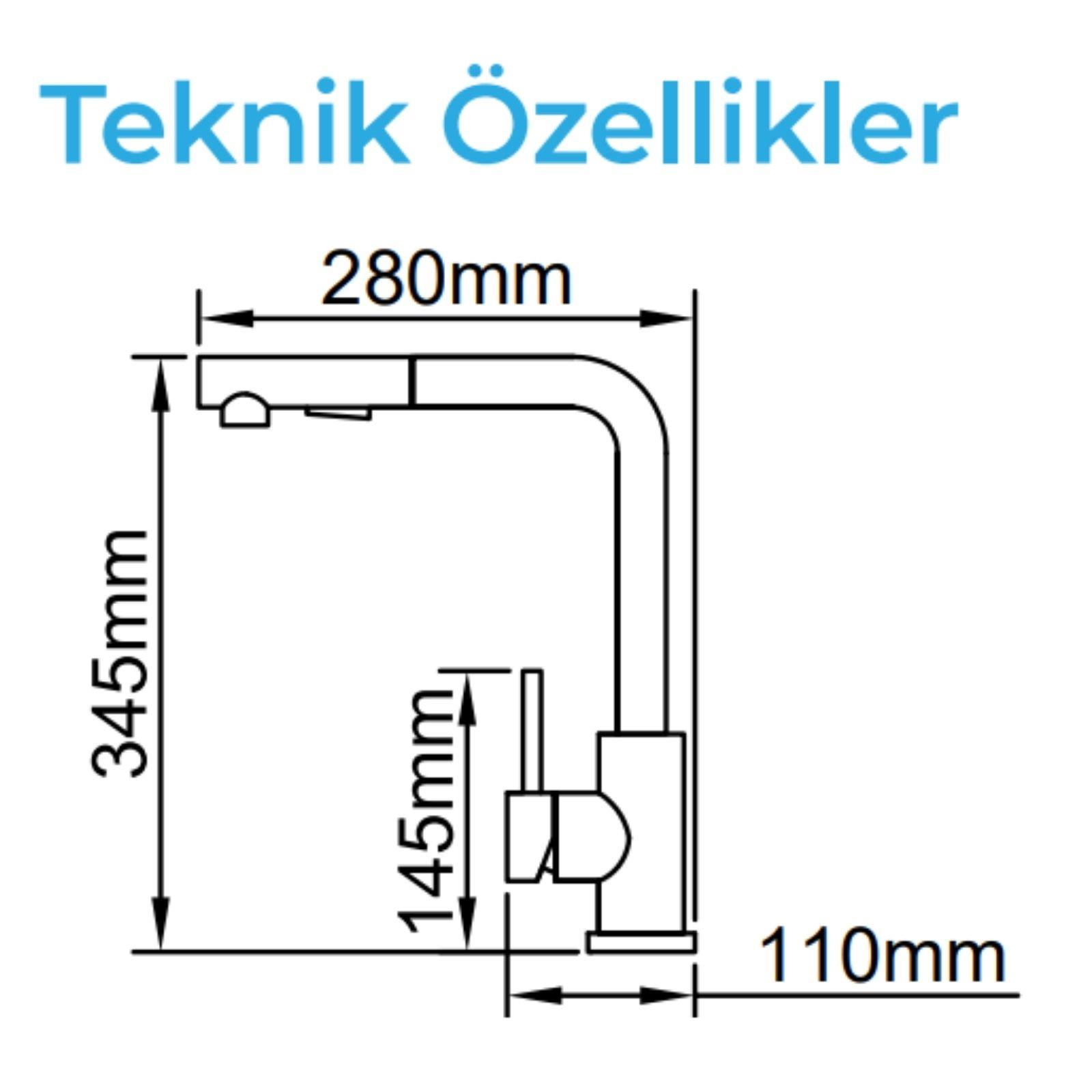 Beyaz arka planda milimetre cinsinden ölçüleri olan bir mutfak bataryasının teknik resmi.