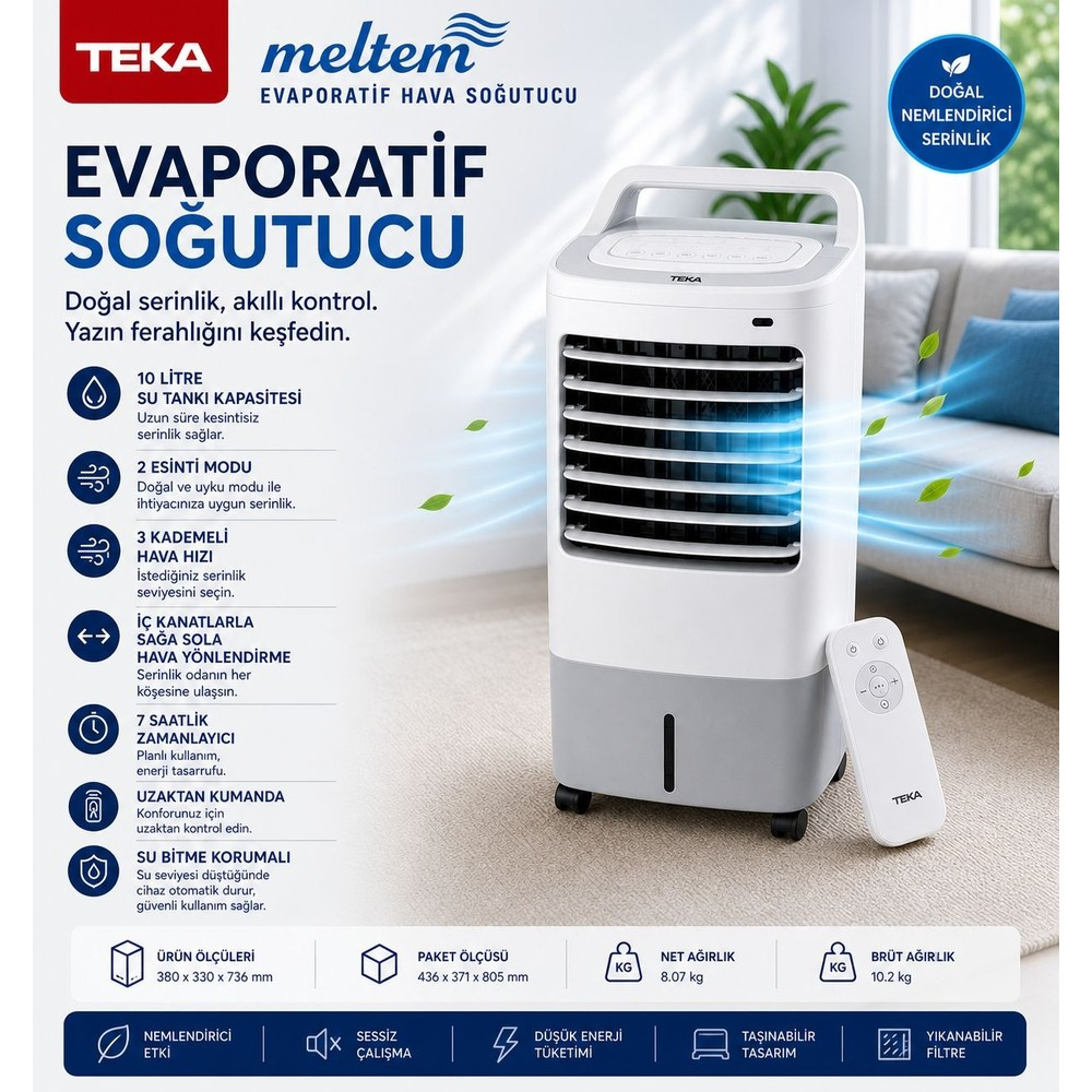 Uzaktan kumandalı ve teknik özellikli TEKA evaporatif hava soğutucu tanıtım afişi.