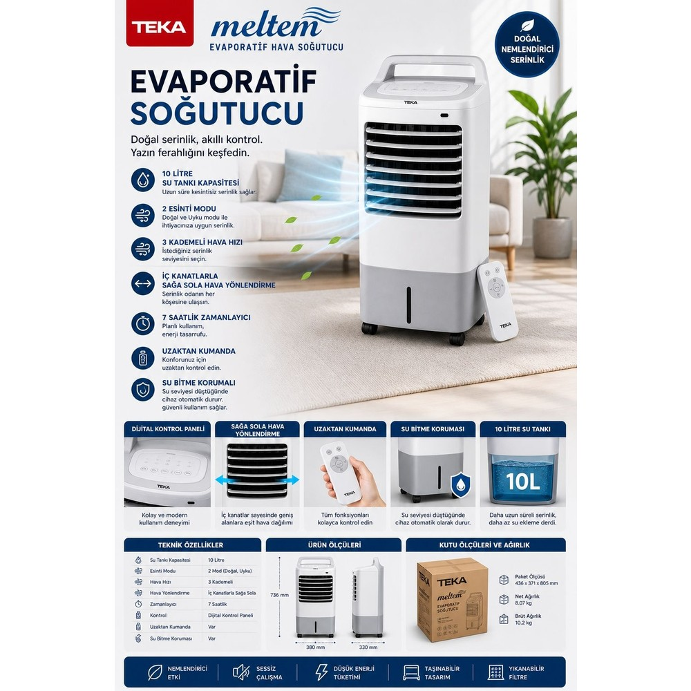Teka evaporatif hava soğutucu için özellikler, ölçüler ve uzaktan kumanda gösteren tanıtım afişi.