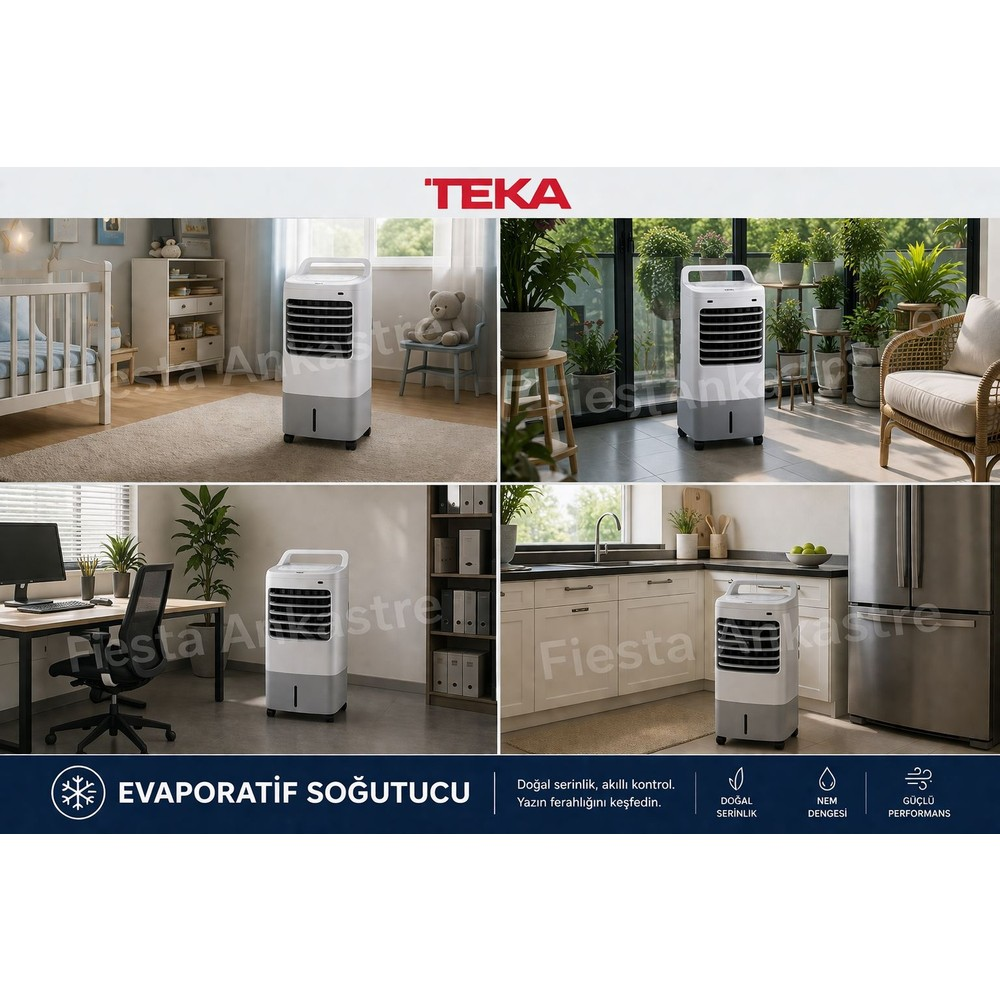 Çocuk odası, teras, ofis ve mutfak gibi farklı yaşam alanlarında konumlandırılmış beyaz renkli taşınabilir Teka hava soğutucu.