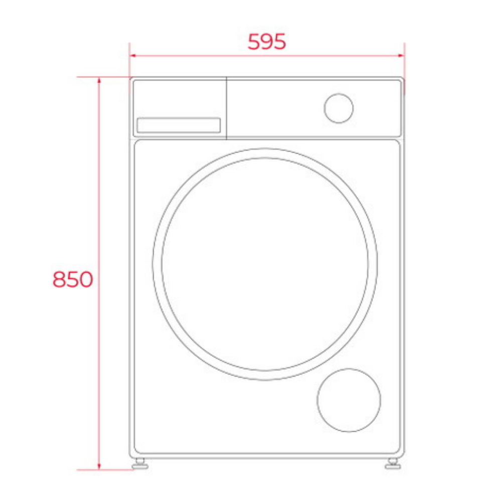 595 mm genişlik ve 850 mm yükseklik ölçülerine sahip çamaşır makinesi teknik çizimi.