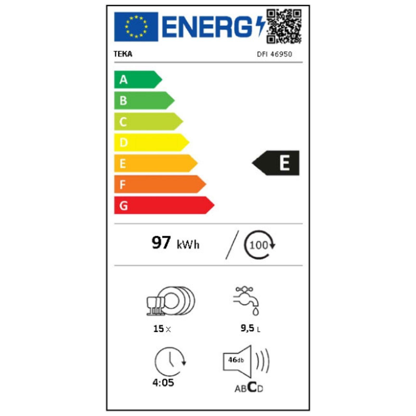 Teka DFI 46950 bulaşık makinesi için E sınıfı, 97 kWh, 15 kişilik ve 46 dB gösteren AB enerji etiketi.