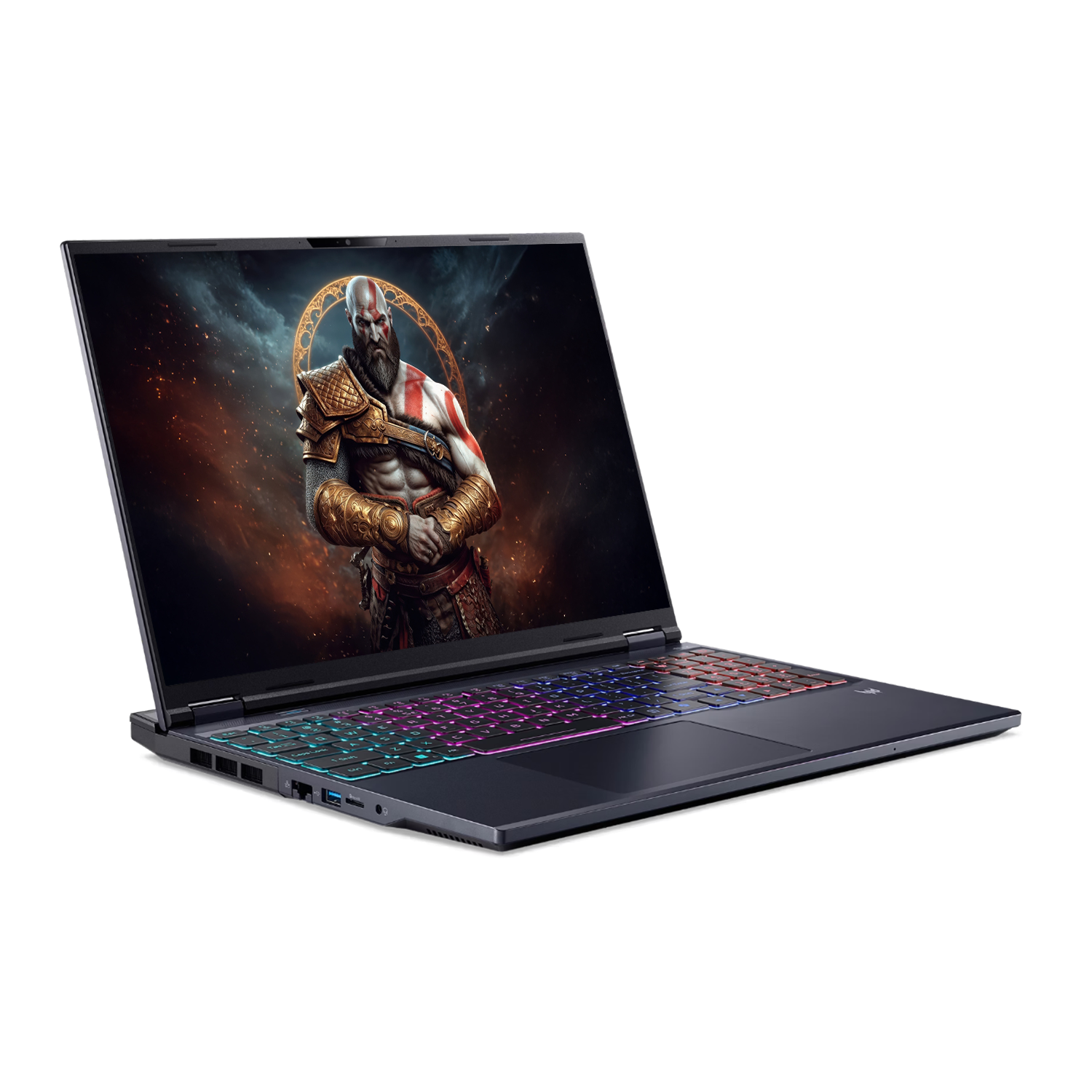 RGB klavyeli ve Kratos duvar kağıtlı oyuncu dizüstü bilgisayarı.