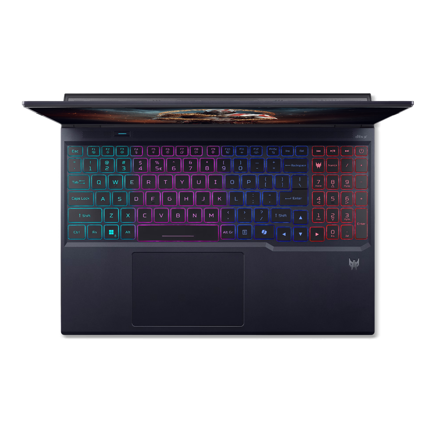 Işıklı RGB klavyeli ve izleme dörtgenine sahip koyu renkli bir oyun dizüstü bilgisayarı.